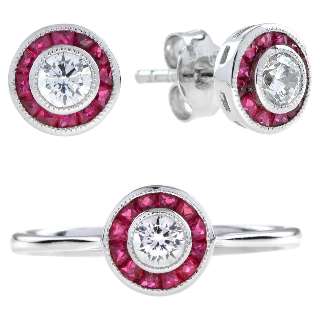 Bague et boucles d'oreilles cible de style Art déco en or blanc avec diamants et rubis