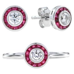 Art Deco Style Diamond and Ruby Target Ring & Earrings in White Gold