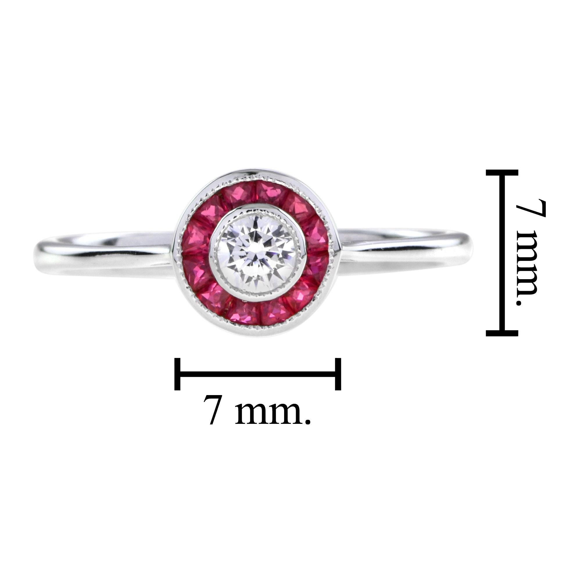 For Sale:  Art Deco Style Diamond and Ruby Target Ring in 18K White Gold 7