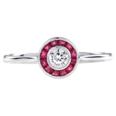 Art Deco Style Diamond and Ruby Target Ring in 18K White Gold
