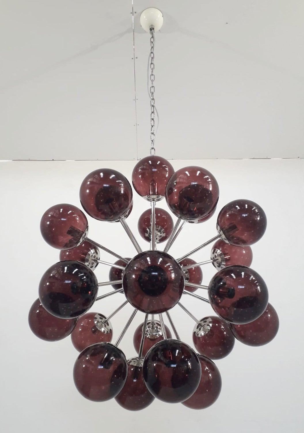 Italian sputnik chandelier with 24 Murano glass globes mounted on metal frame in polished nickel finish / Designed by Fabio Bergomi for Fabio Ltd / Made in Italy
24 lights / E12 or E14 type / max 40W each
Measures: Diameter 32 inches / Height 32