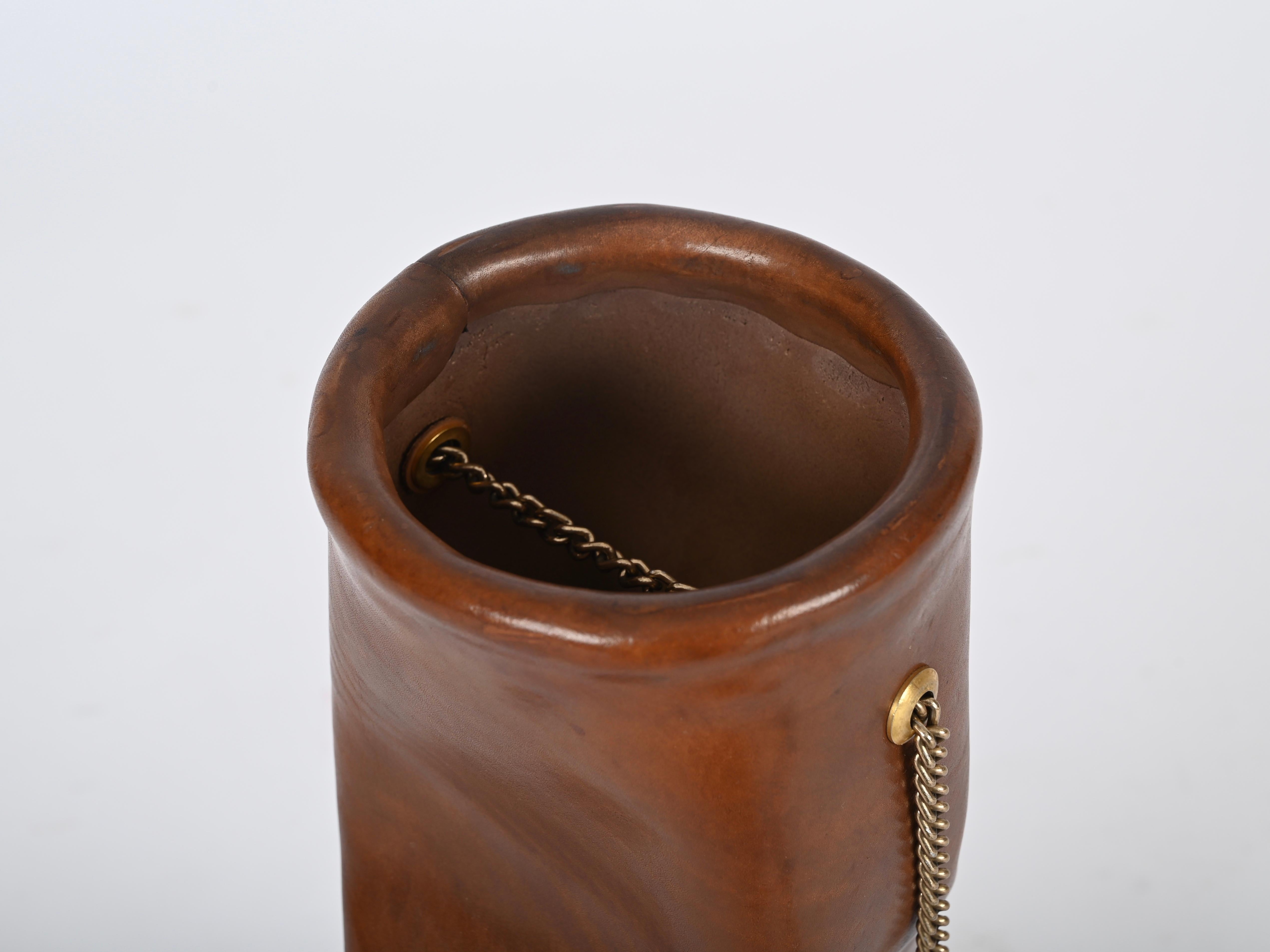 Nova Tecno Midcentury Pleated Leather and Brass Ashtray, Italy 1970's For Sale 8
