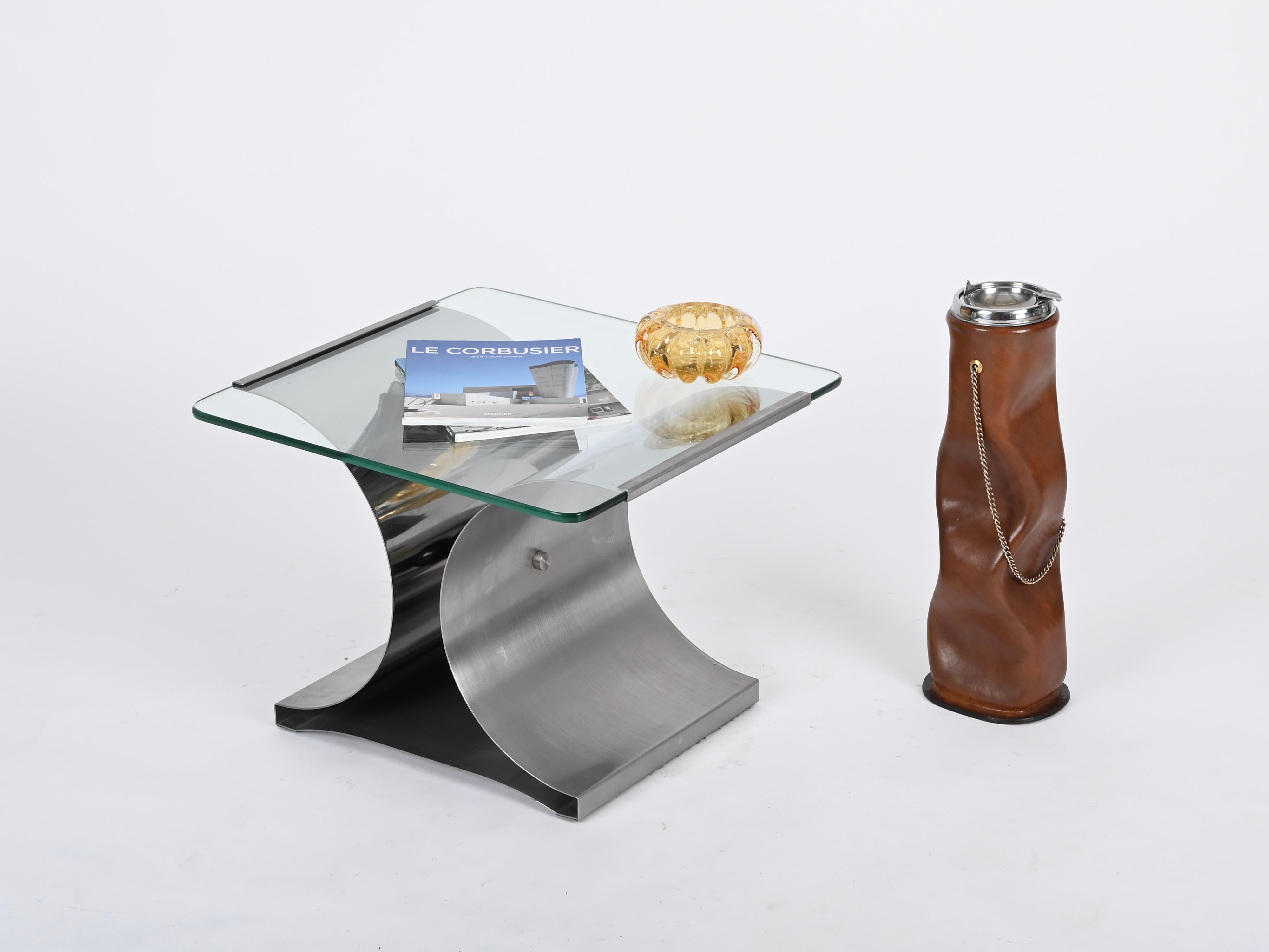 Mid-Century Modern Nova Tecno Midcentury Pleated Leather and Brass Ashtray, Italy 1970's For Sale