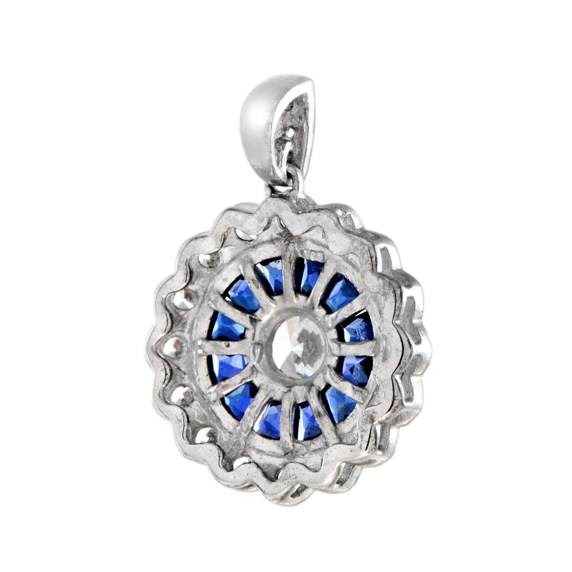 Round Cut 4mm Round Diamond and Sapphire Wavy Halo Pendant in 18K White Gold For Sale