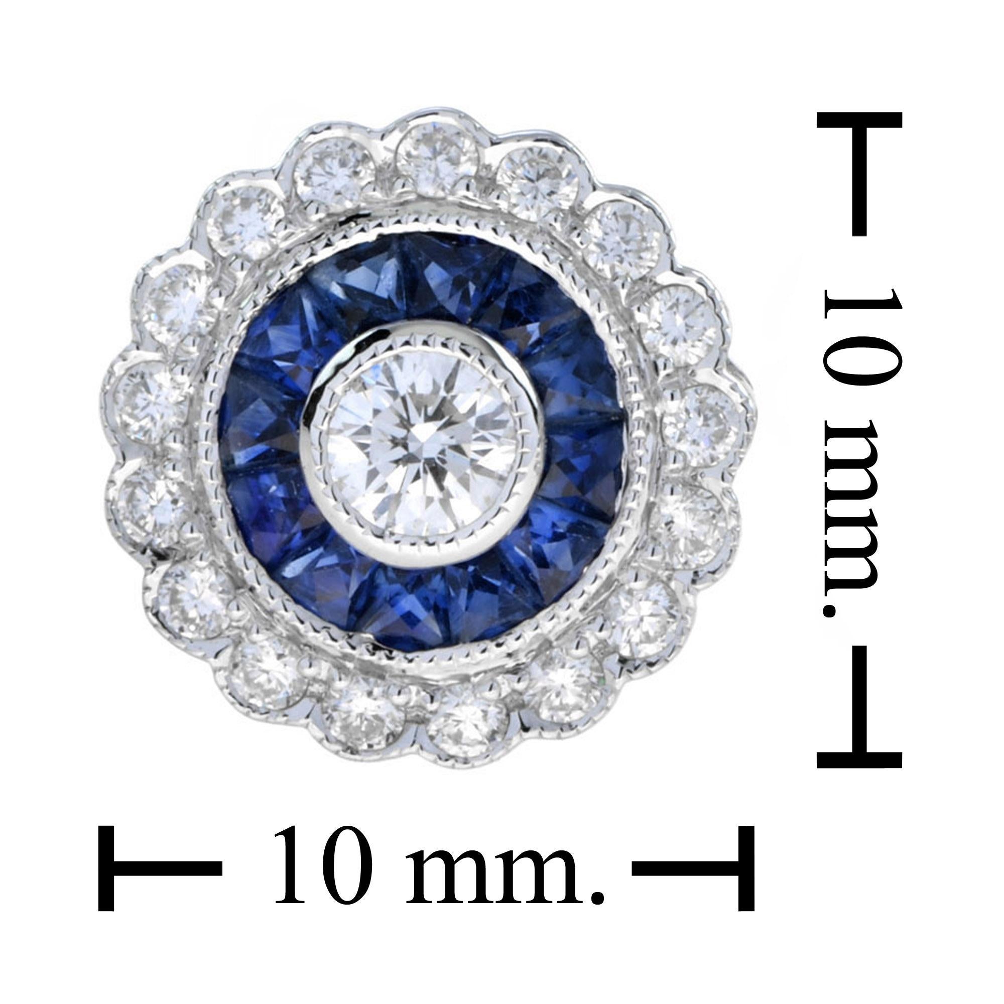 Round Cut Art Deo Style Round Diamond and Blue Sapphire Stud Earrings in 18K White Gold For Sale