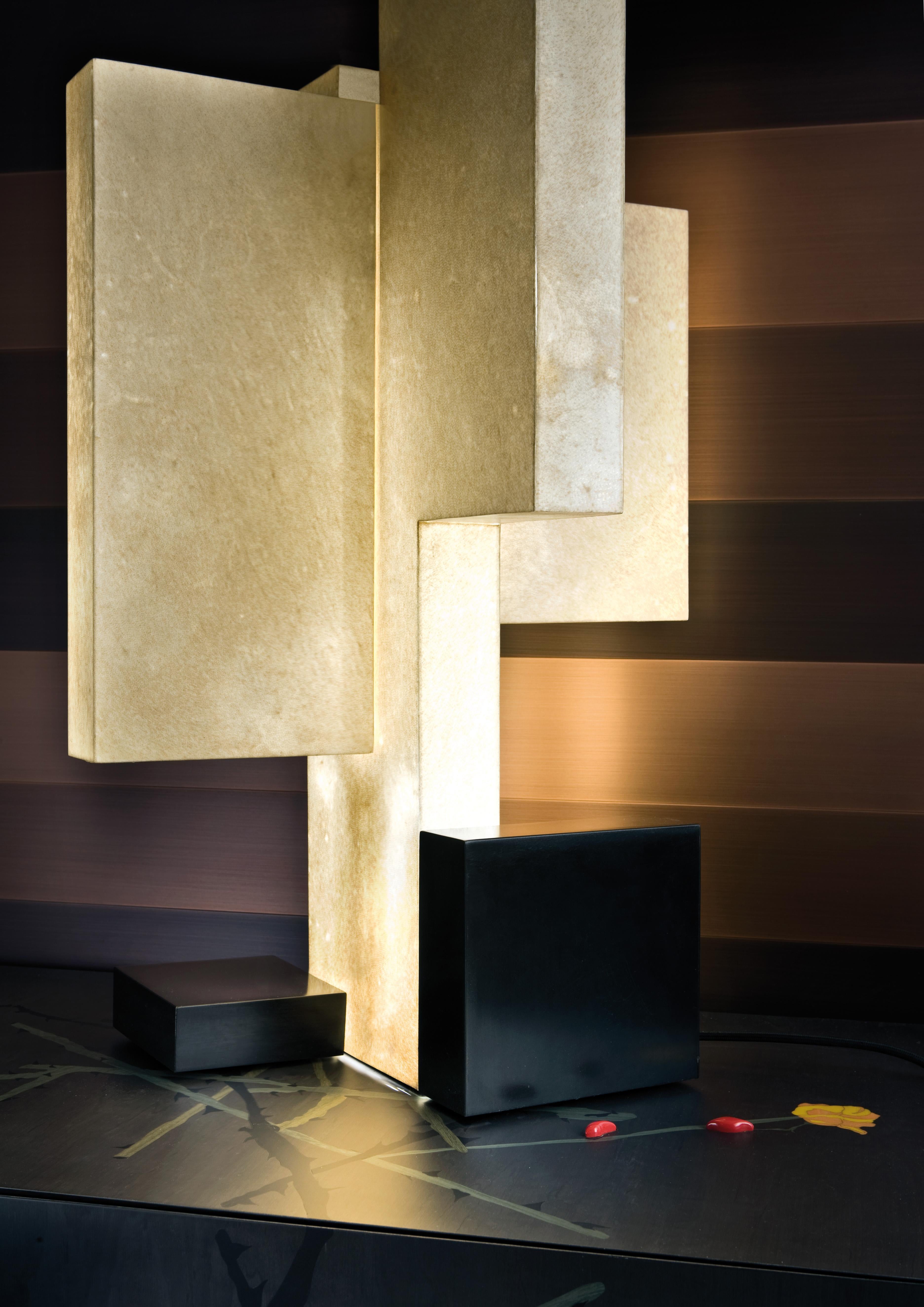 Novecentotrenta Table Lamp by Laurameroni
Dimensions: W 45 x D 45 x H 72 cm
Materials: Goat parchment, burnished brass. 

Table lamp with a diffuser covered in goat parchment, four internal LED strips and a burnished brass base.

Laurameroni:
The