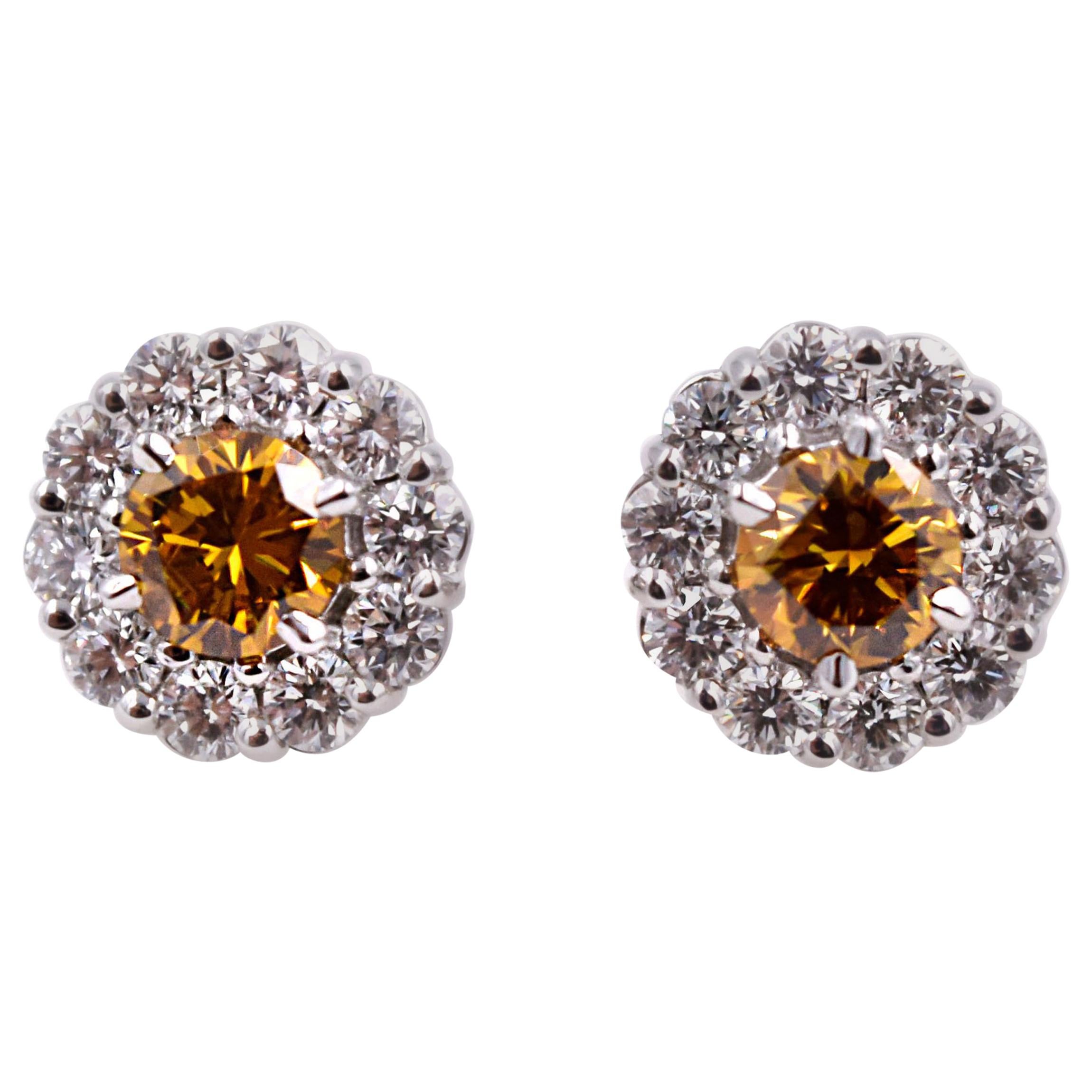 Novel Collection GIA Certified Orange Diamond Earring Studs in 18 Karat Gold For Sale