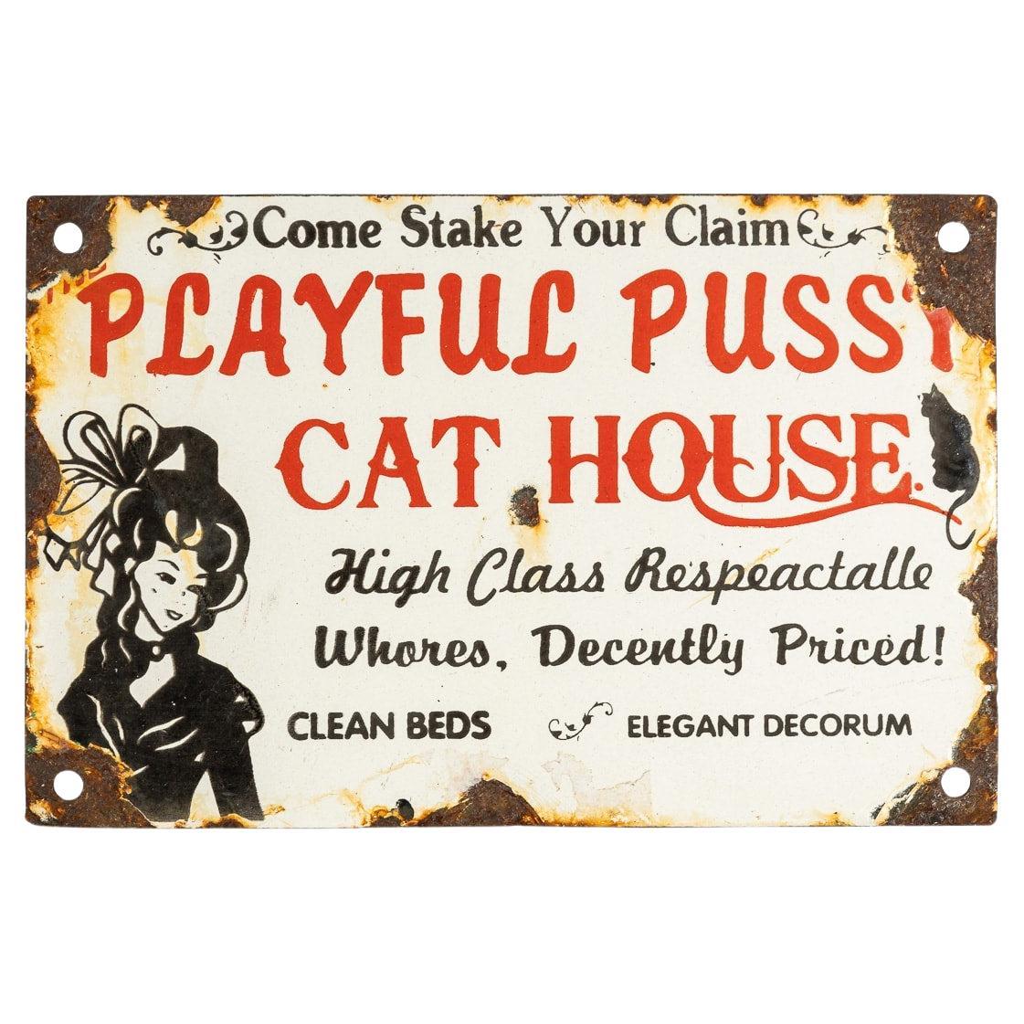 Novelty 20th Century "Playful Pussy Cat House" Enamel Sign c.1950 For Sale