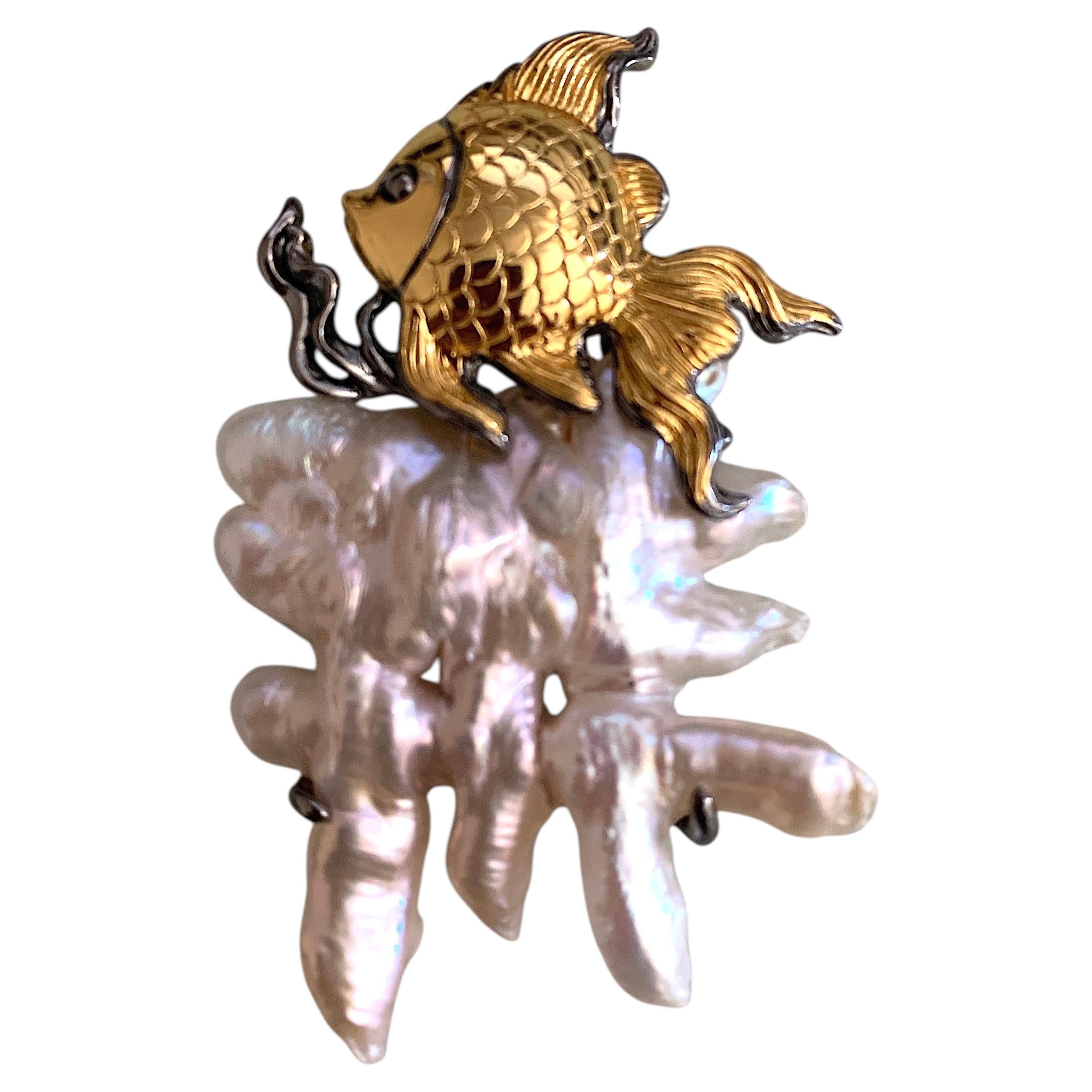 Novelty Abstract Biwa Cultured Pearl and Silver Fish Statement Pendant For Sale
