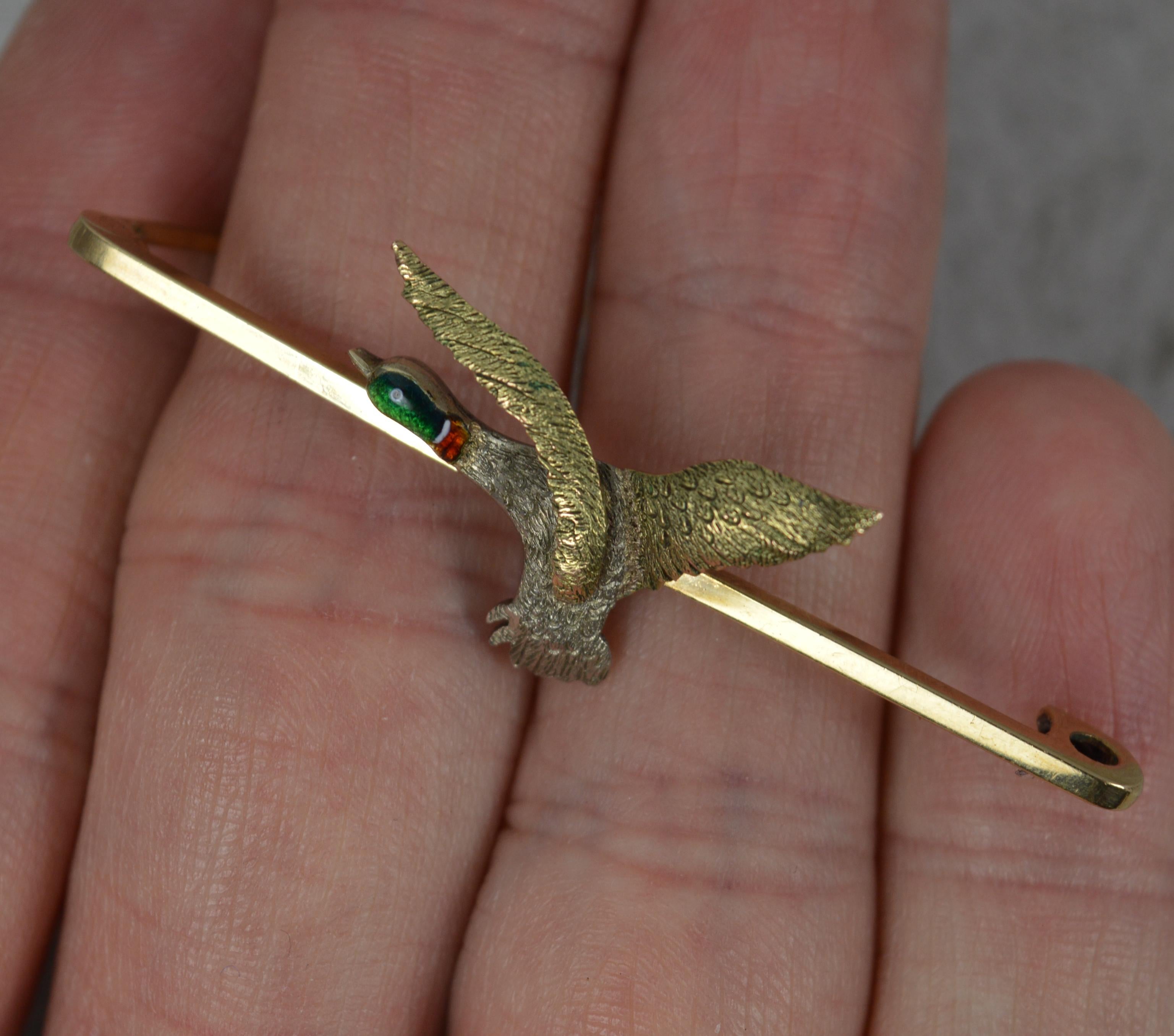 Novelty Antique 9ct Gold Multi Colour and Enamel Mallard Duck Brooch In Excellent Condition For Sale In St Helens, GB