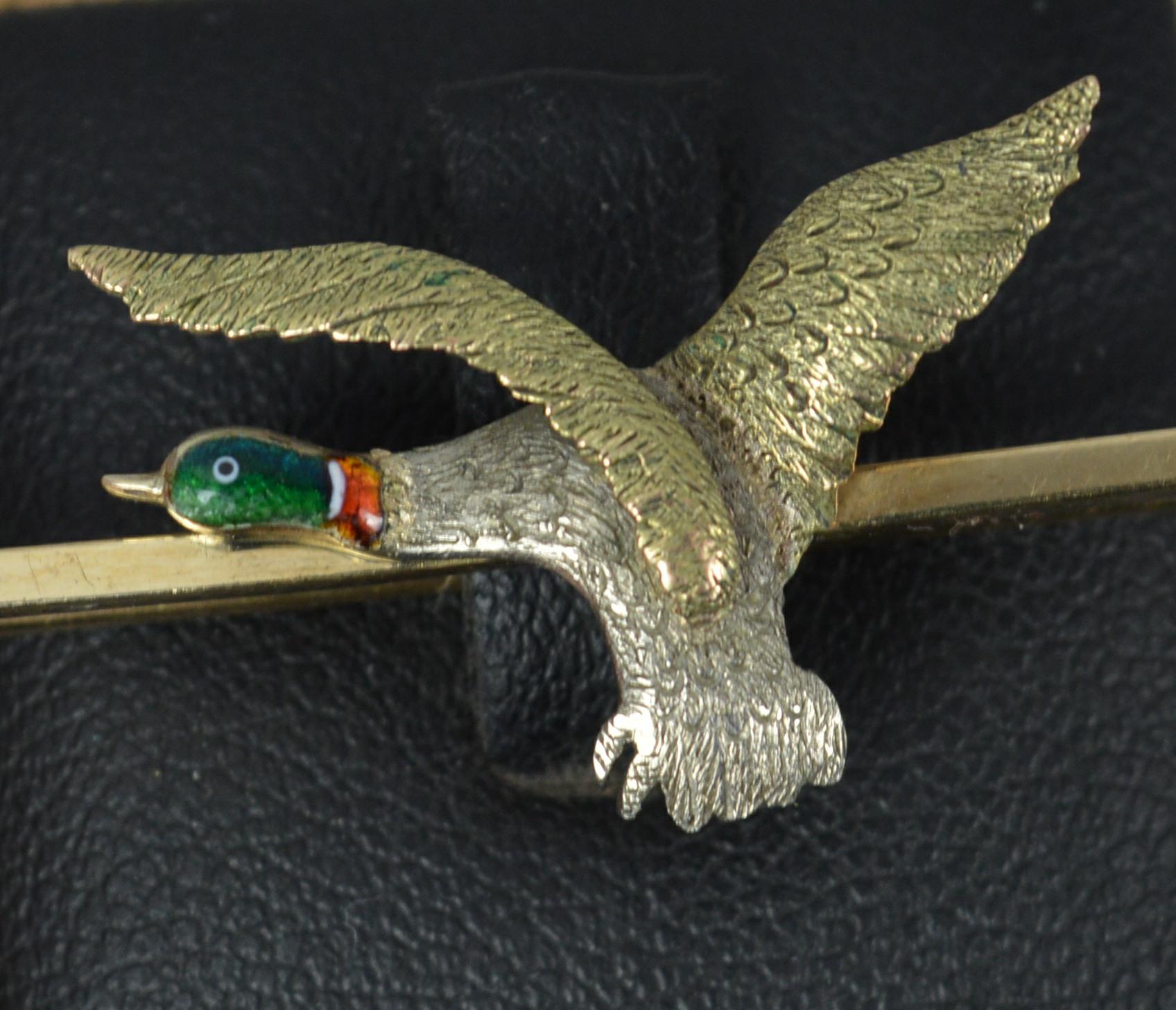 Novelty Antique 9ct Gold Multi Colour and Enamel Mallard Duck Brooch For Sale 2