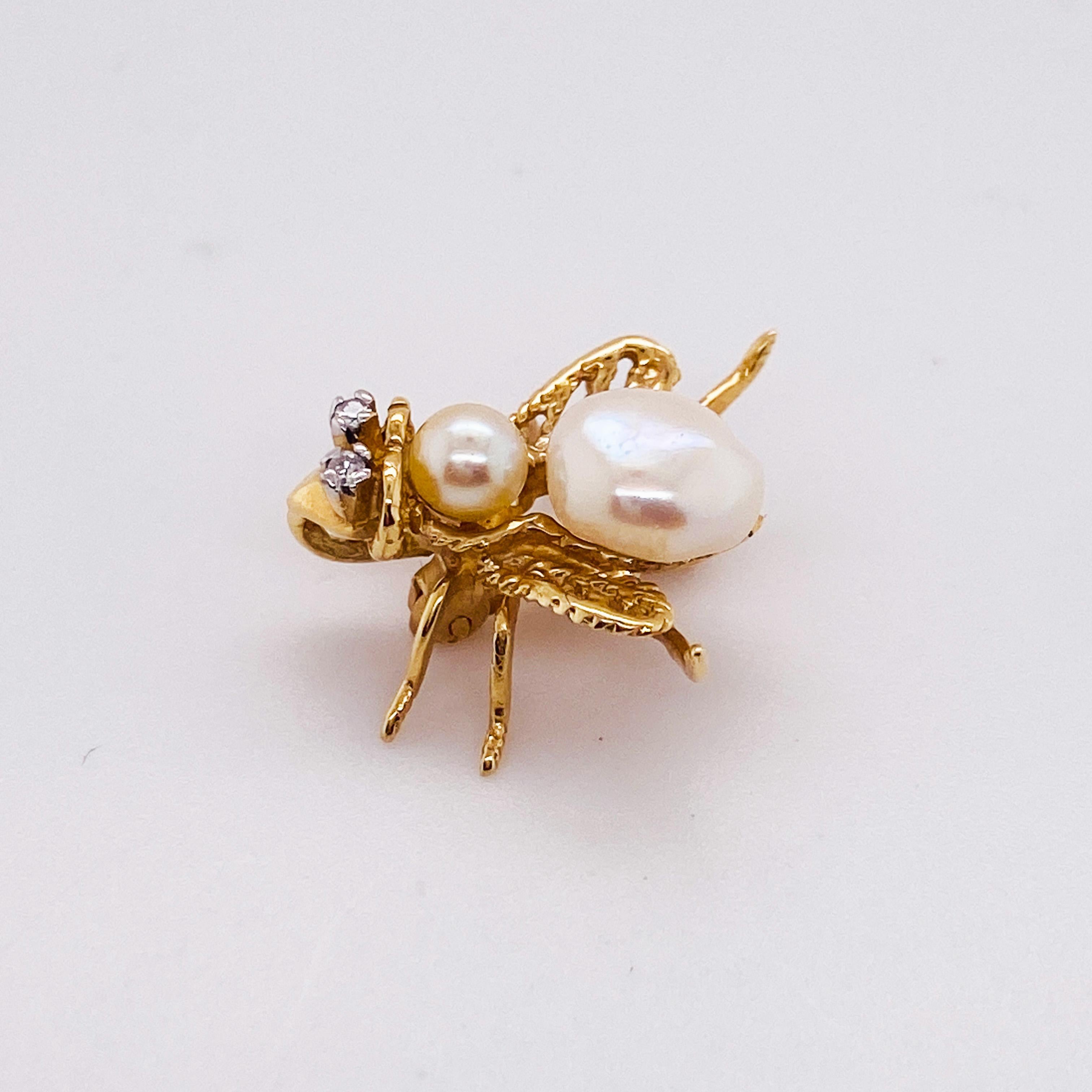 Contemporary Novelty Bee Pin w Cultured Pearl & Diamonds Bumble Bee Brooch in 14 Karat Gold For Sale