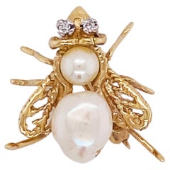 Novelty Bee Pin w Cultured Pearl & Diamonds Bumble Bee Brooch in 14 Karat Gold