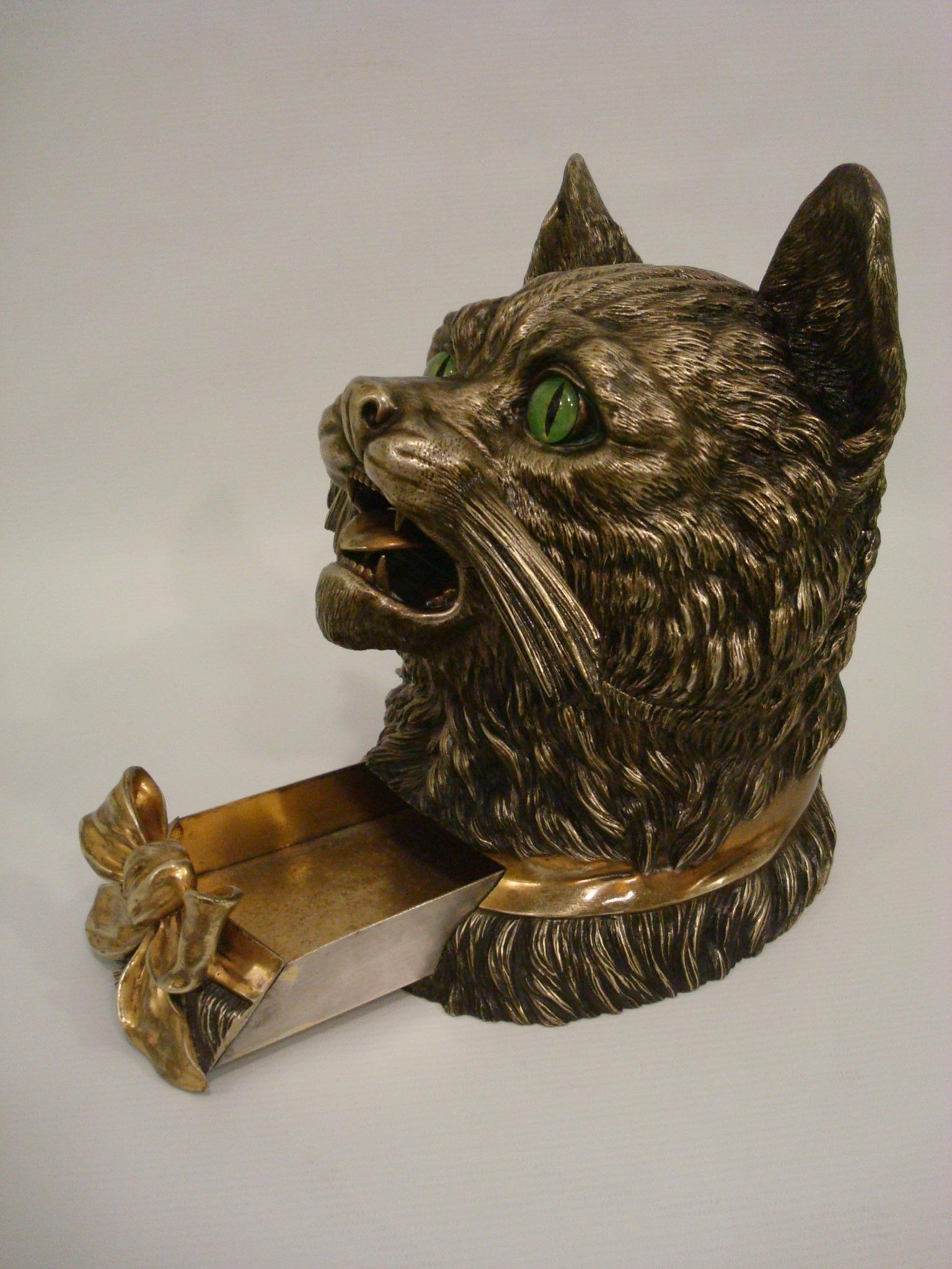 Humidor-Skulptur eines Katzenkopfes aus Bronze, Zigarren/Zigarettenform im Angebot 5