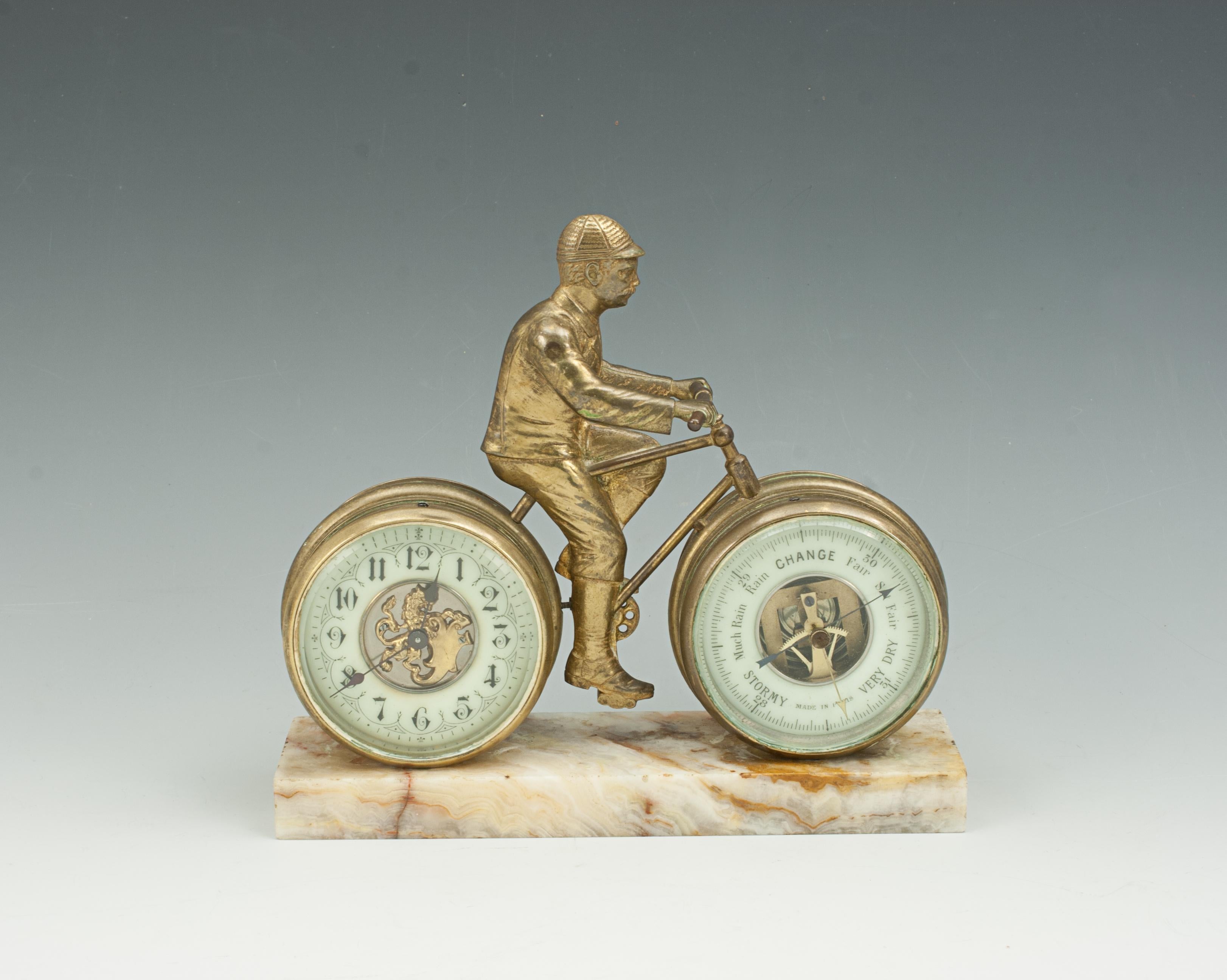 Early 20th Century Novelty Desk Cycling Clock with Barometer
