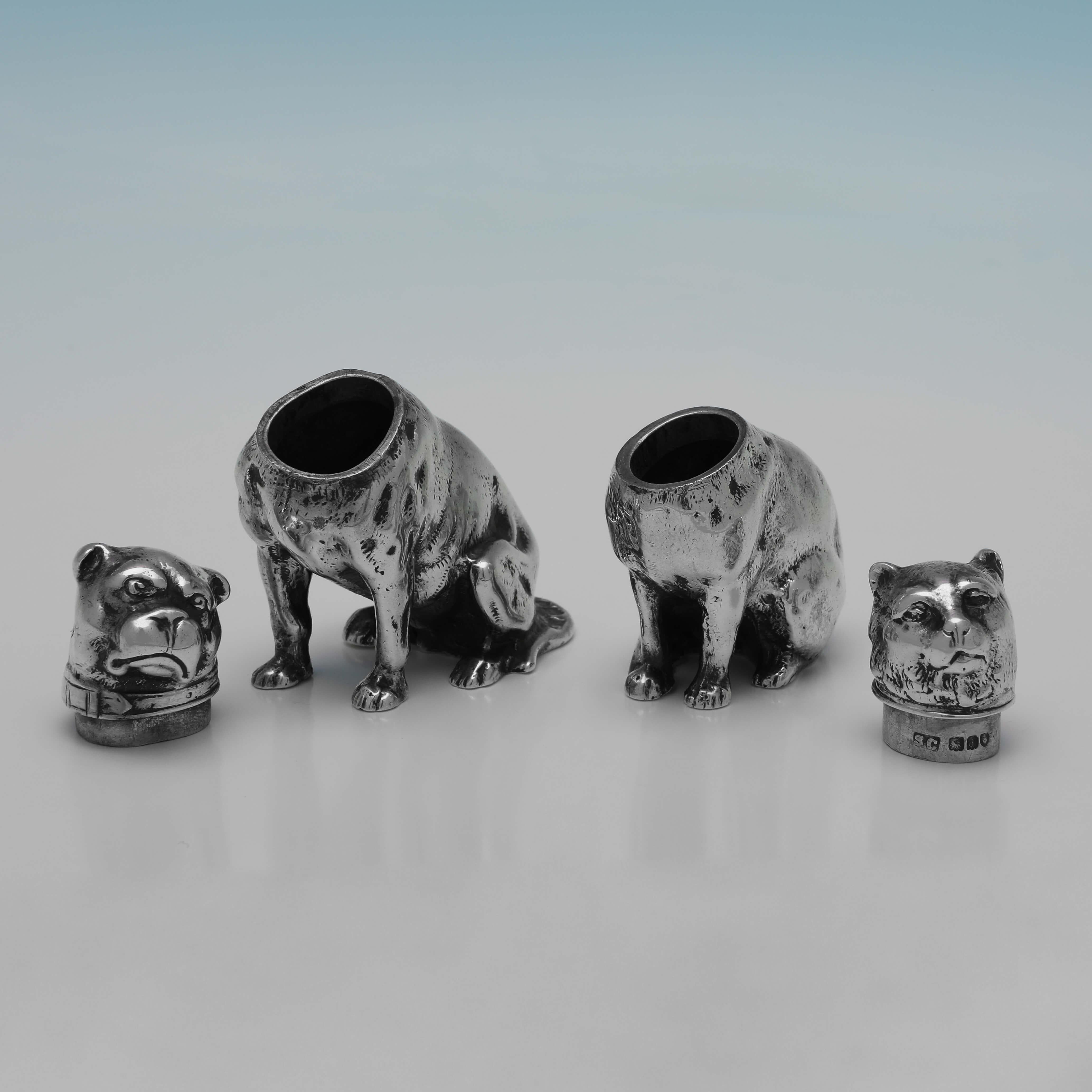 Novelty Dog & Cat Pair of Victorian Antique Sterling Silver Pepper Pots, 1899 For Sale 2
