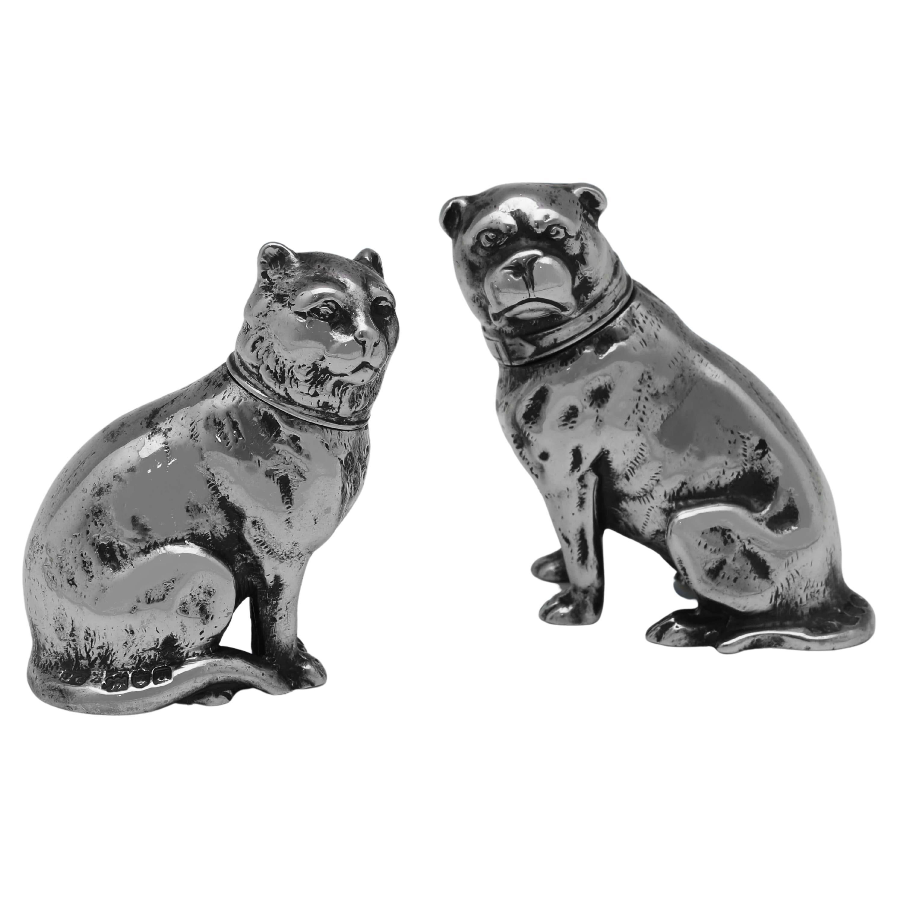 Novelty Dog & Cat Pair of Victorian Antique Sterling Silver Pepper Pots, 1899