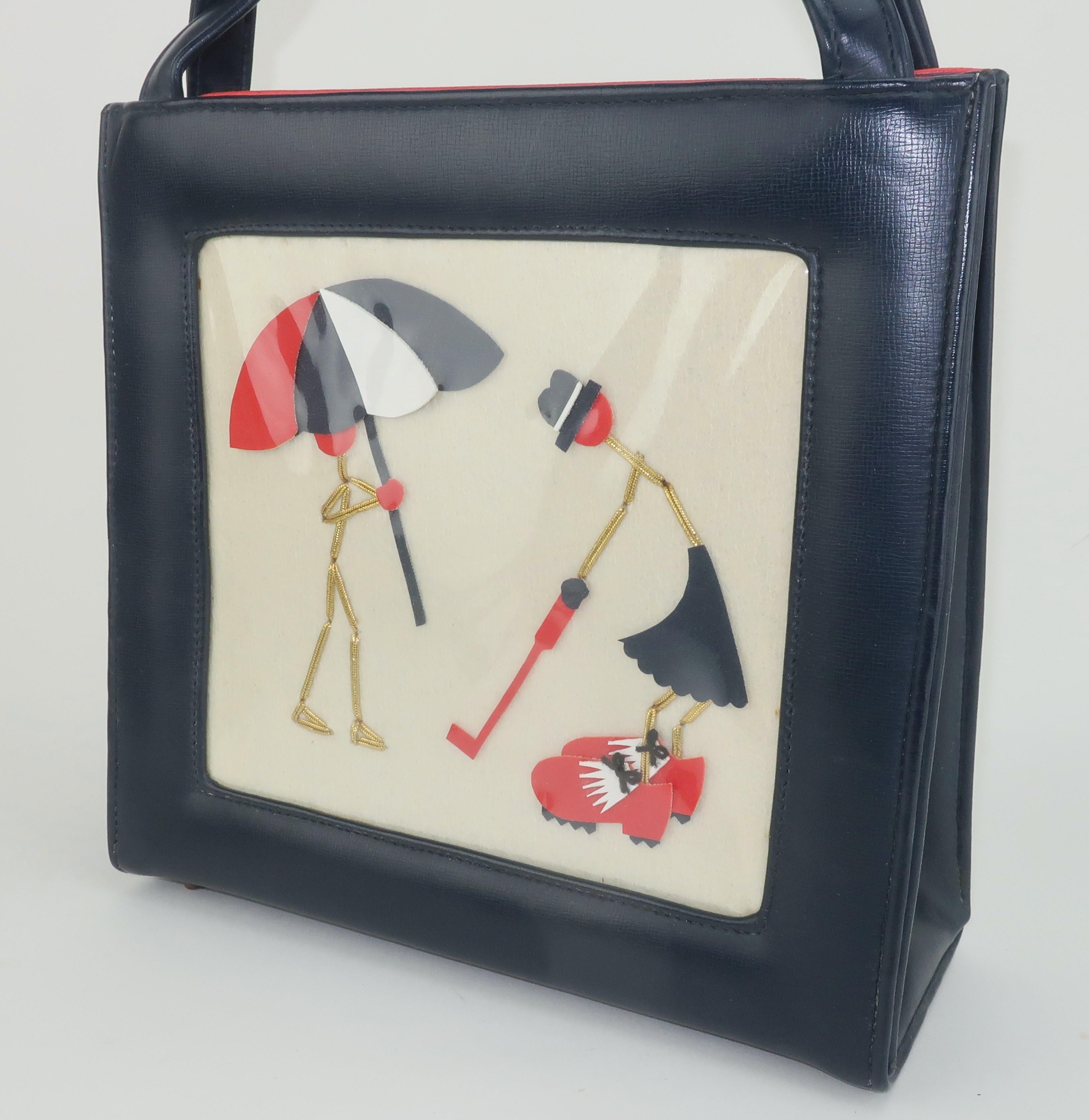 Fore!  Fun fashion alert!  C.1960 novelty top handle handbag with a charming golfing motif by Owen Originals of Florida.  The vinyl or leatherette handbag is in navy blue with a red interior and a leatherette applique of golfer and caddie at the