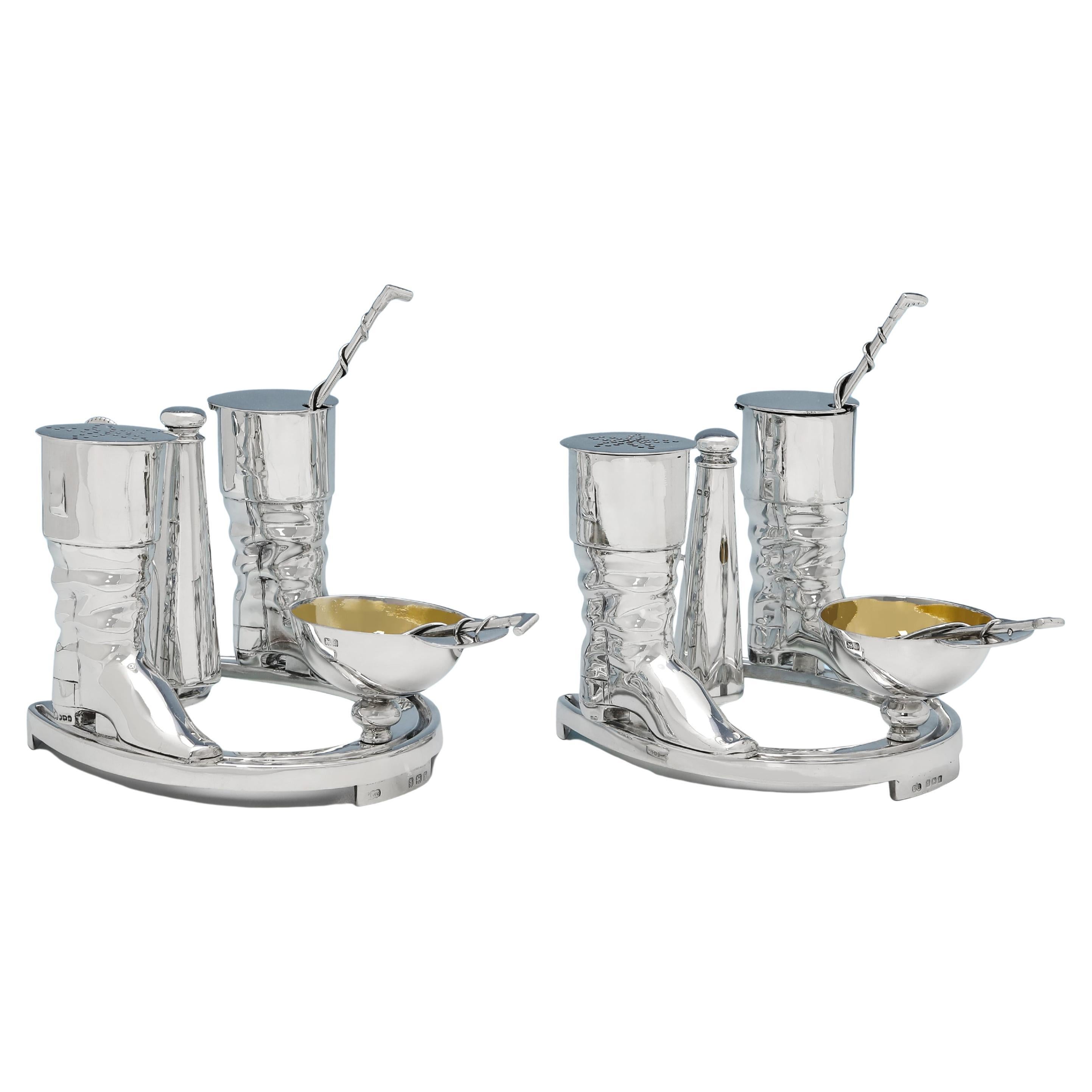 Novelty horse riding interest condiment sets made by Elkington & Co. in 1905
