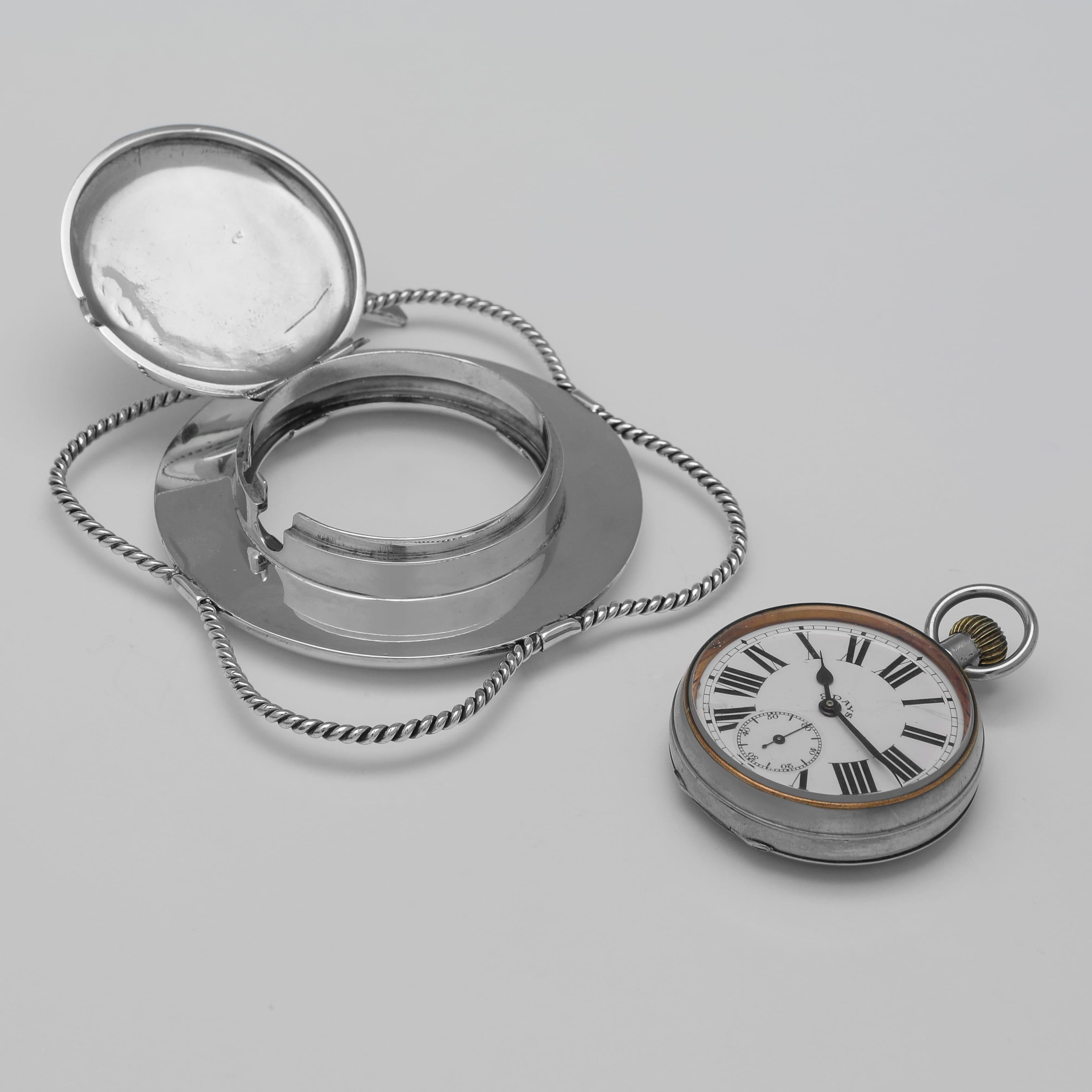 English Novelty 'life buoy' antique sterling silver pocket watch & stand made in 1910 For Sale