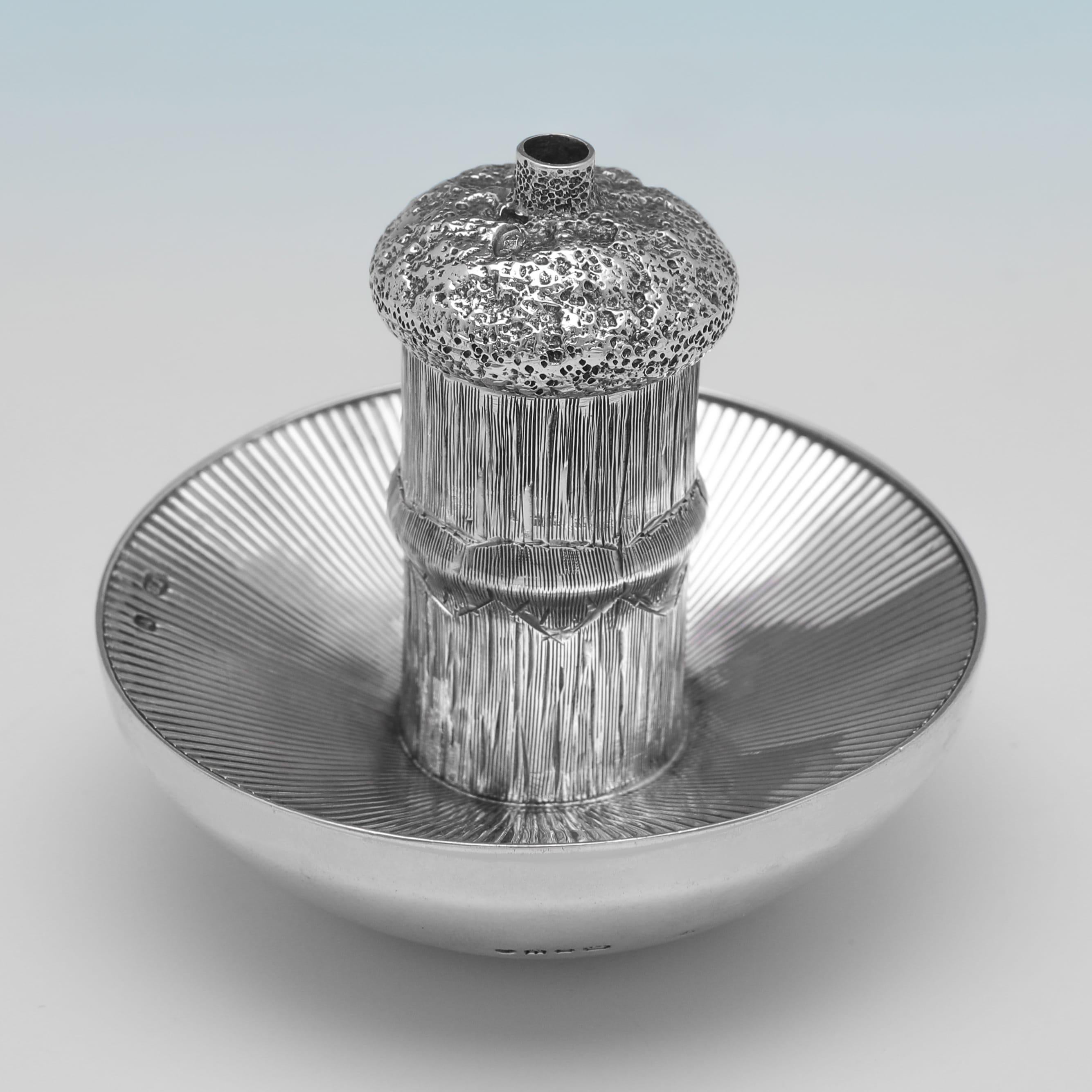 Hallmarked in London in 1888 by Jane Brownett, this fun, Novelty, Antique Sterling Silver Cigar Lighter, is modelled as a mushroom (probably a magic one), and is incredibly detailed. 

The cigar lighter measures 2.5