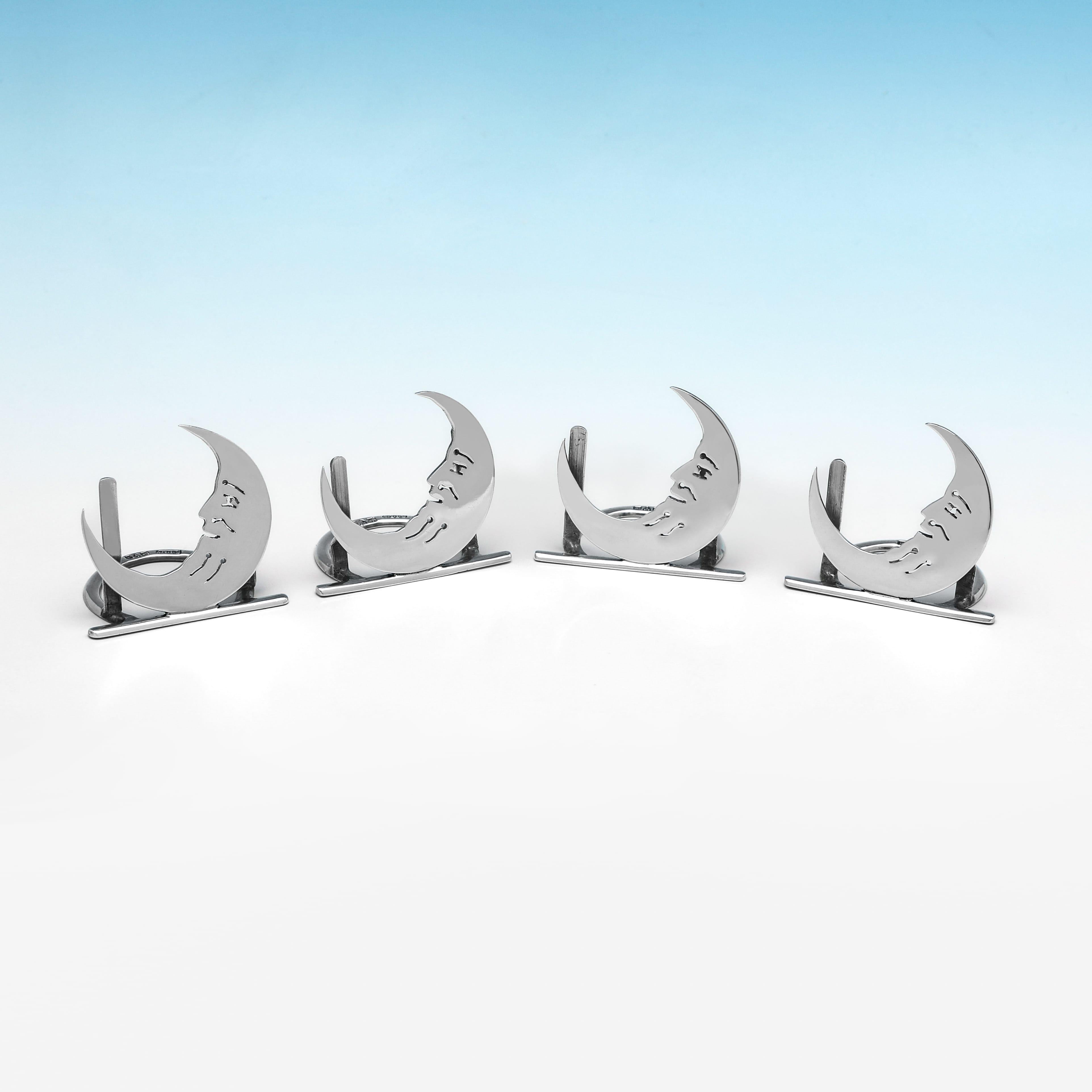 A charming and rare novelty set, these sterling silver ‘Man in the Moon’ menu holders were crafted in 1912 by Stokes & Ireland and assayed in Chester. Each of the four matching holders features a whimsical crescent moon face design—delightfully