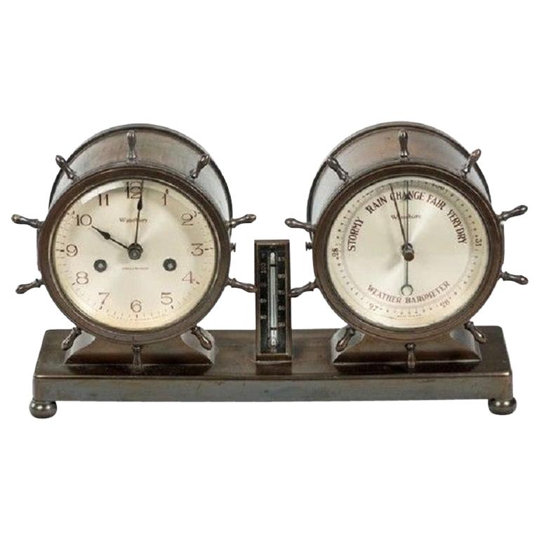 Ensemble d'horloge et de baromètre nautique fantaisie par Westbury Clock Co:: USA