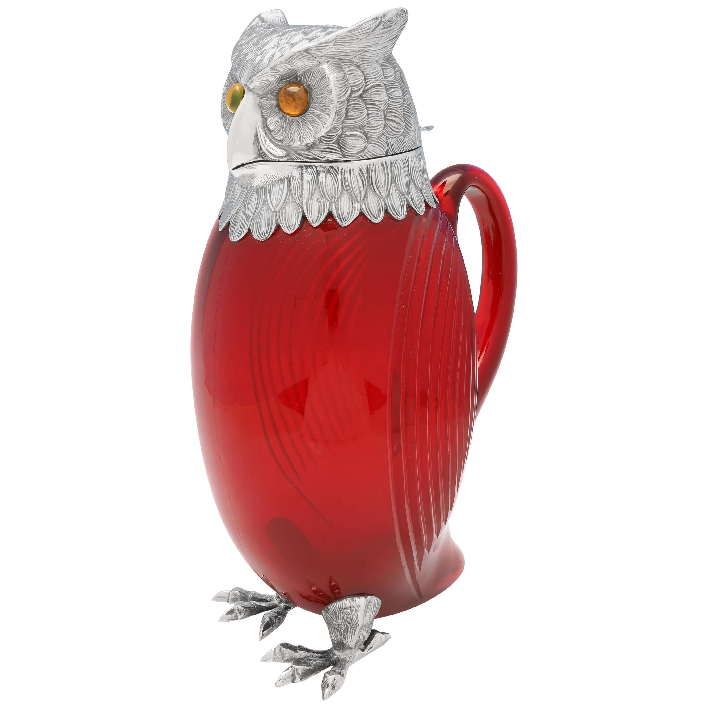 Novelty Red Glass and Sterling Silver Owl Claret Jug from London, 1972