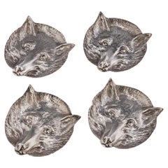 Vintage Novelty Set Of Four Solid Silver Fox Head Dishes, Asprey & Co, c.1982