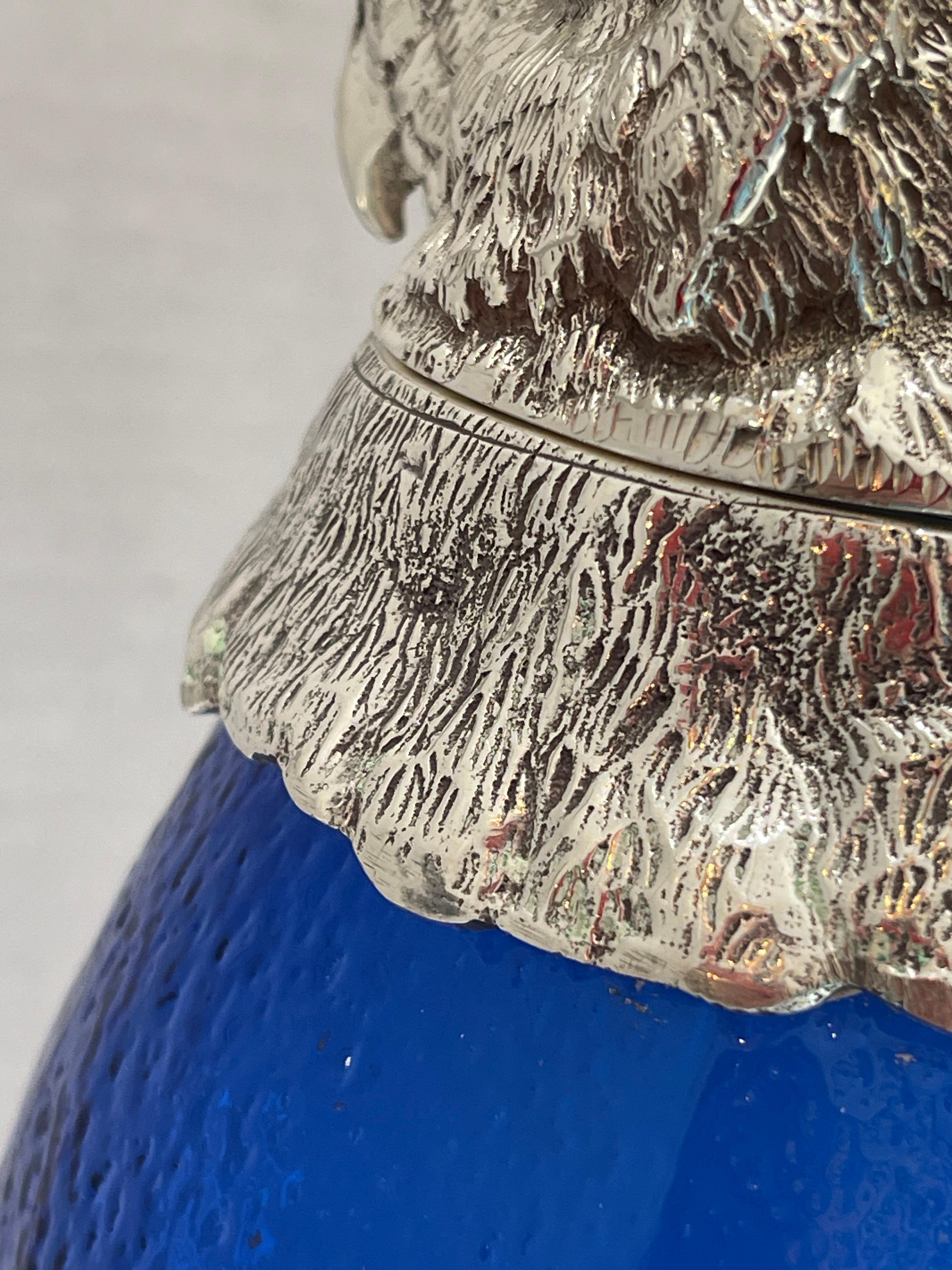 Novelty Silver Plate and Cobalt Blue Glass Owl Claret Jug Decanter 20Th C. 4