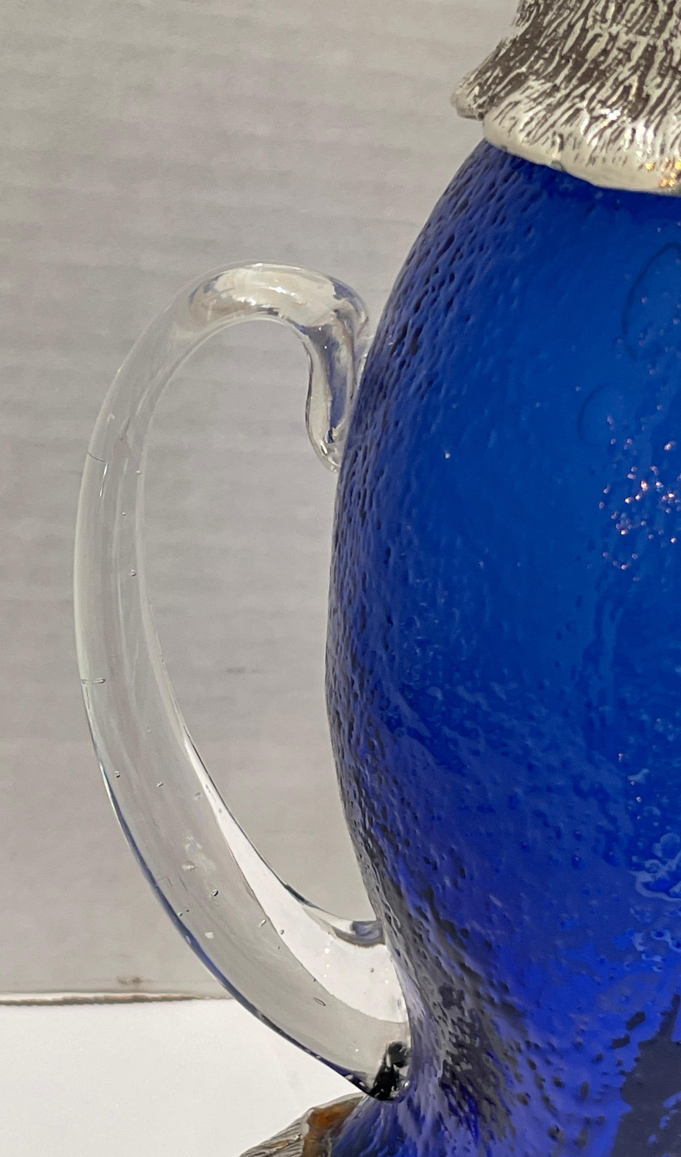 Novelty Silver Plate and Cobalt Blue Glass Owl Claret Jug Decanter 20Th C. 5