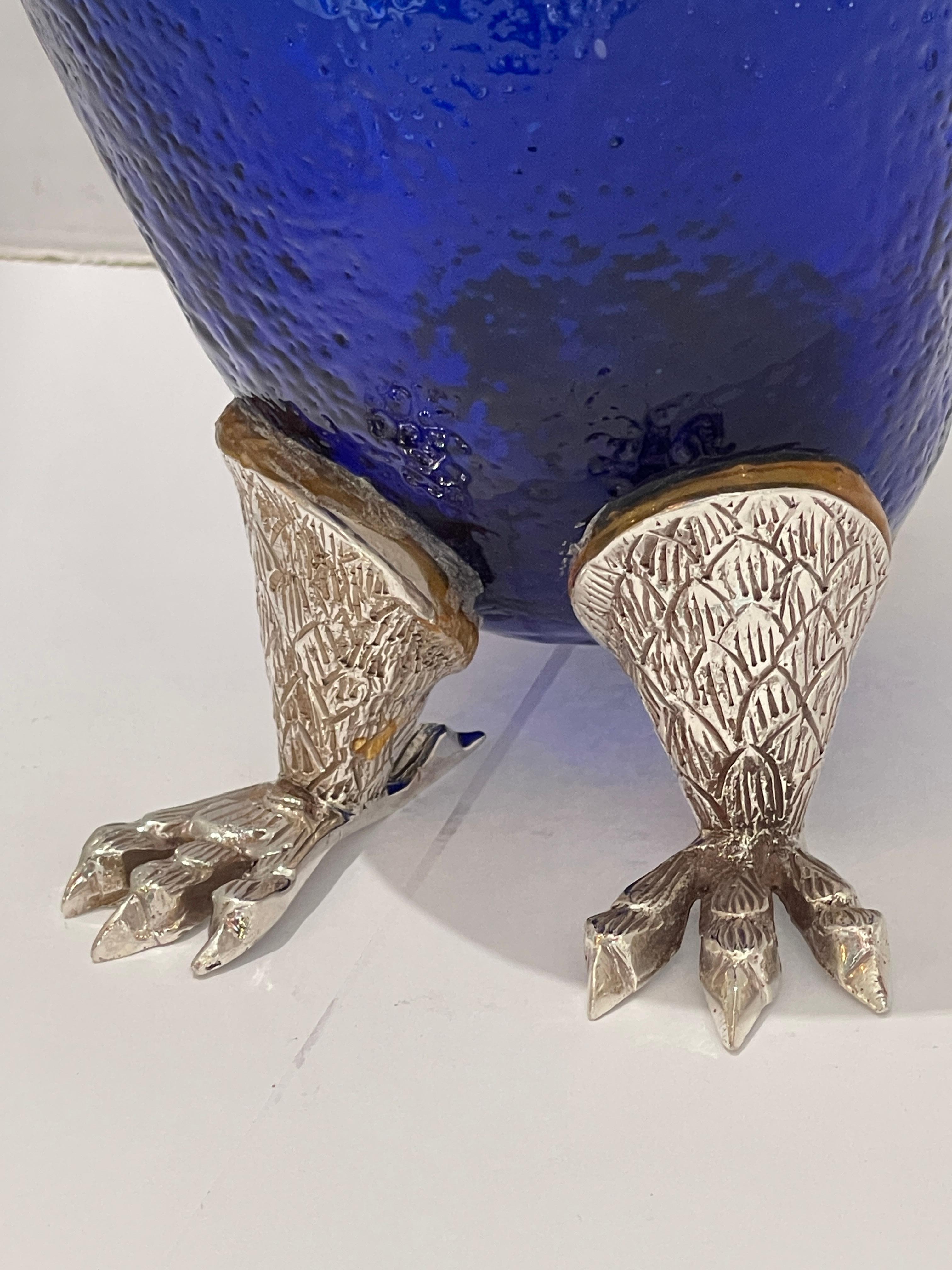 Novelty Silver Plate and Cobalt Blue Glass Owl Claret Jug Decanter 20Th C. For Sale 7