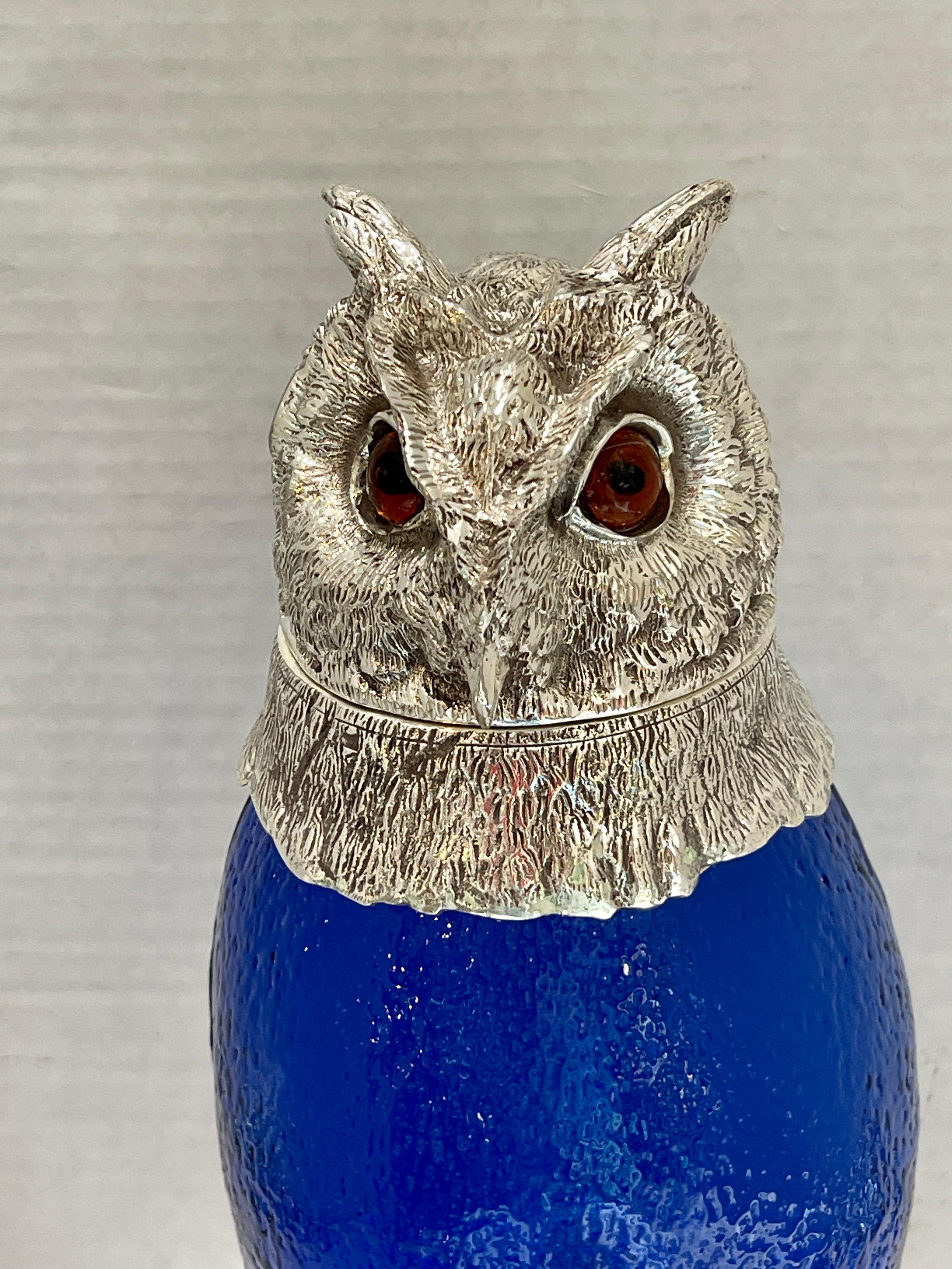 Edwardian Novelty Silver Plate and Cobalt Blue Glass Owl Claret Jug Decanter 20Th C. For Sale