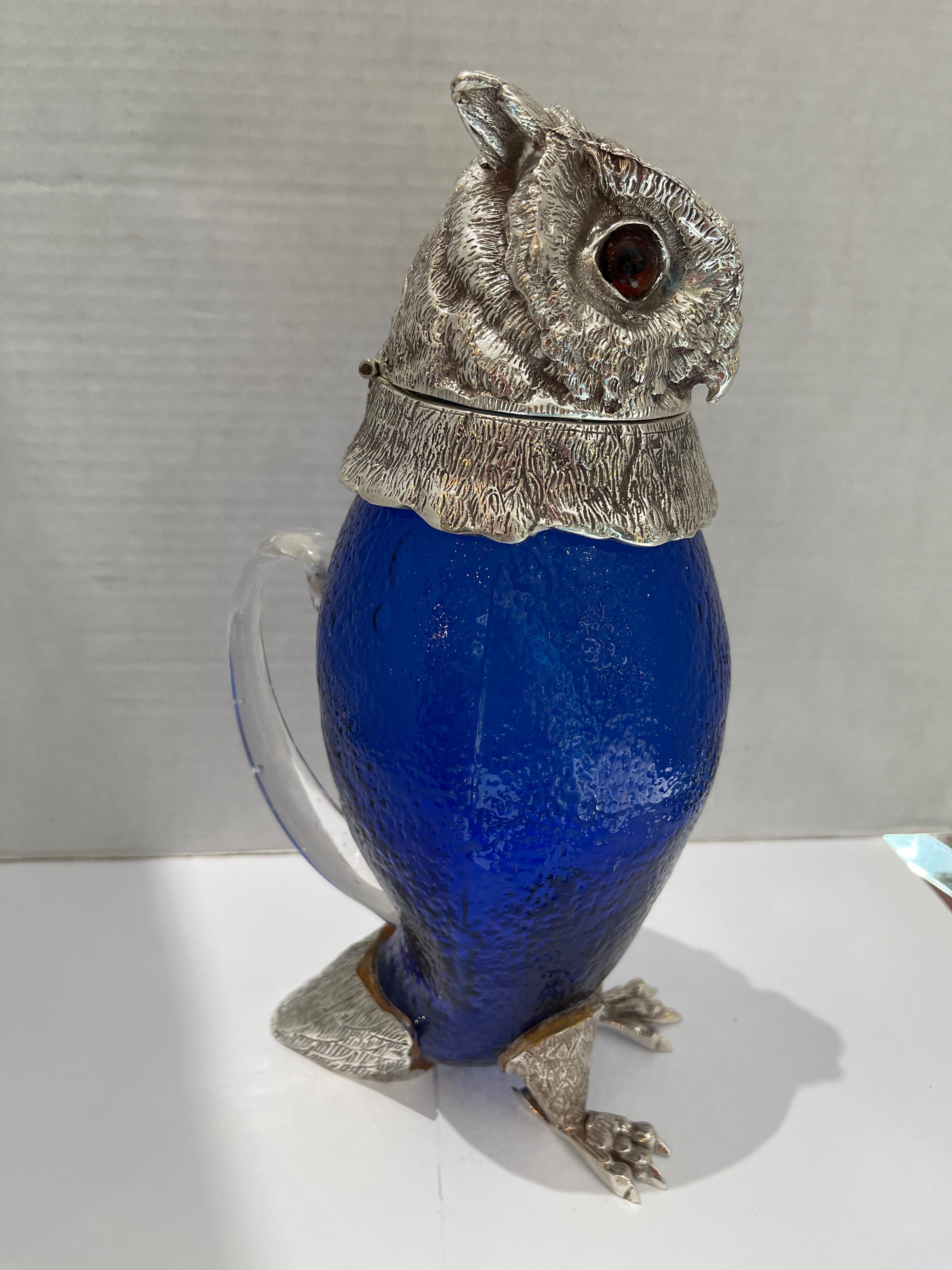 British Novelty Silver Plate and Cobalt Blue Glass Owl Claret Jug Decanter 20Th C. For Sale