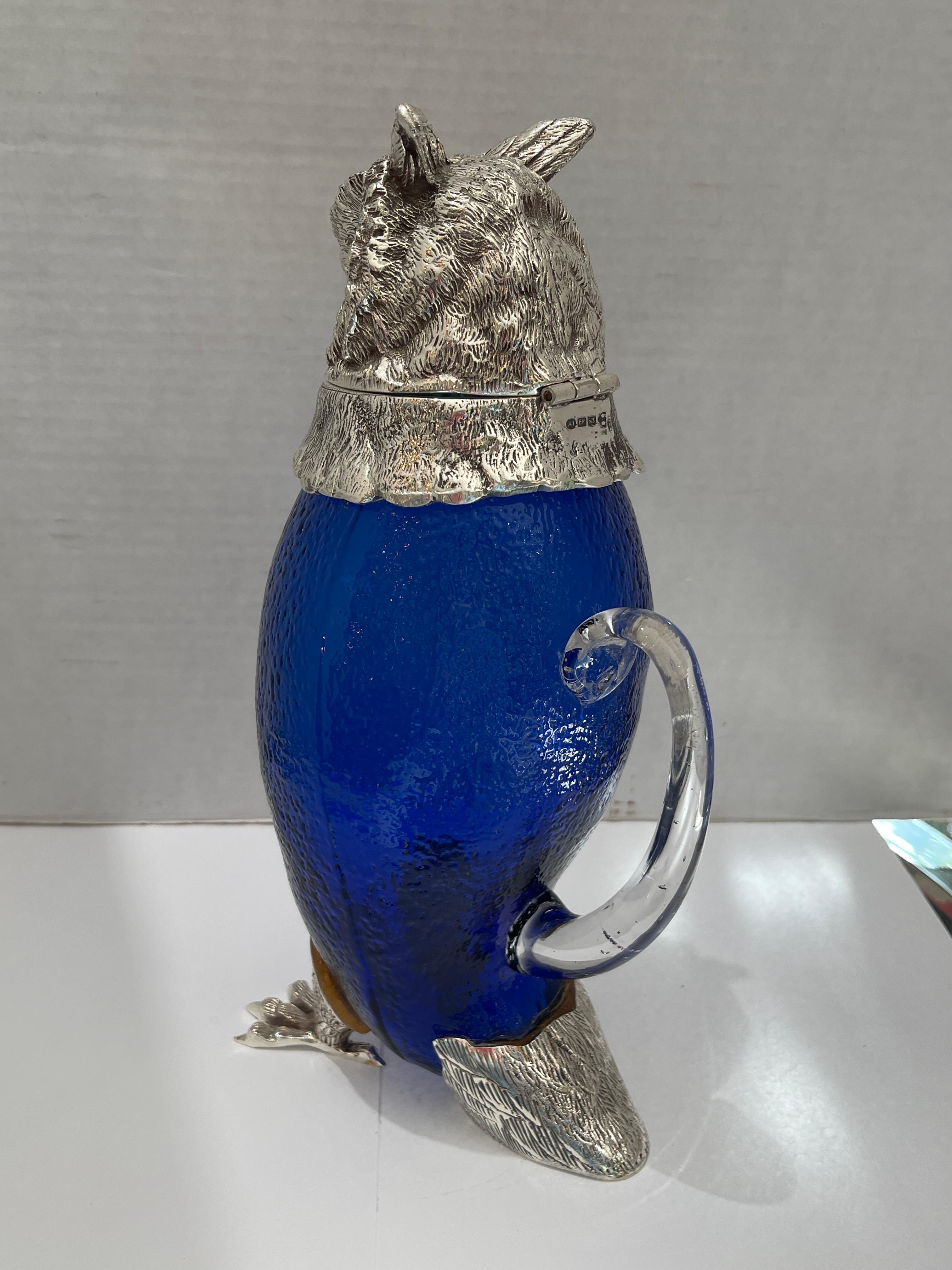 Hand-Crafted Novelty Silver Plate and Cobalt Blue Glass Owl Claret Jug Decanter 20Th C. For Sale