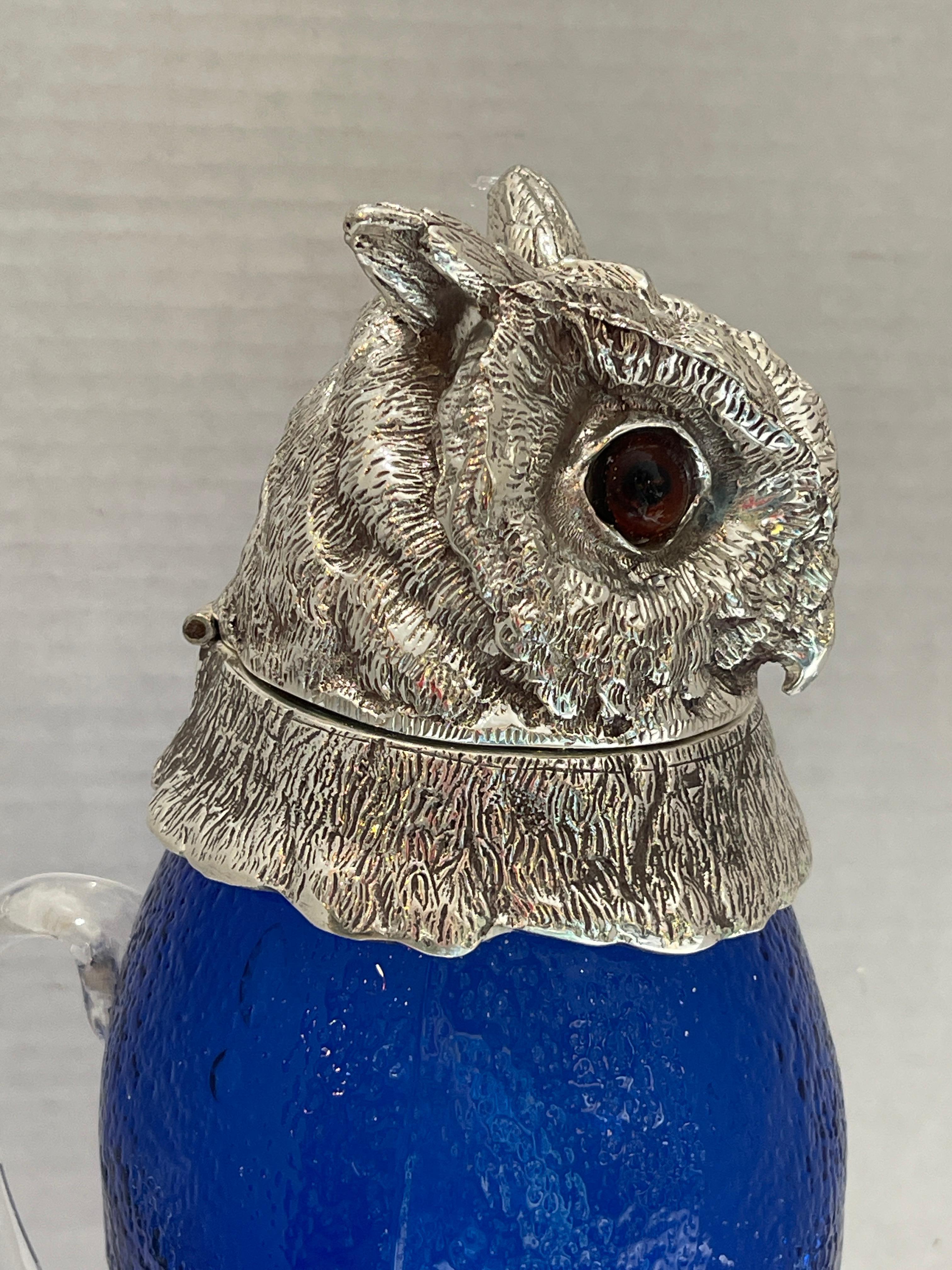 Novelty Silver Plate and Cobalt Blue Glass Owl Claret Jug Decanter 20Th C. In Good Condition For Sale In West Palm Beach, FL
