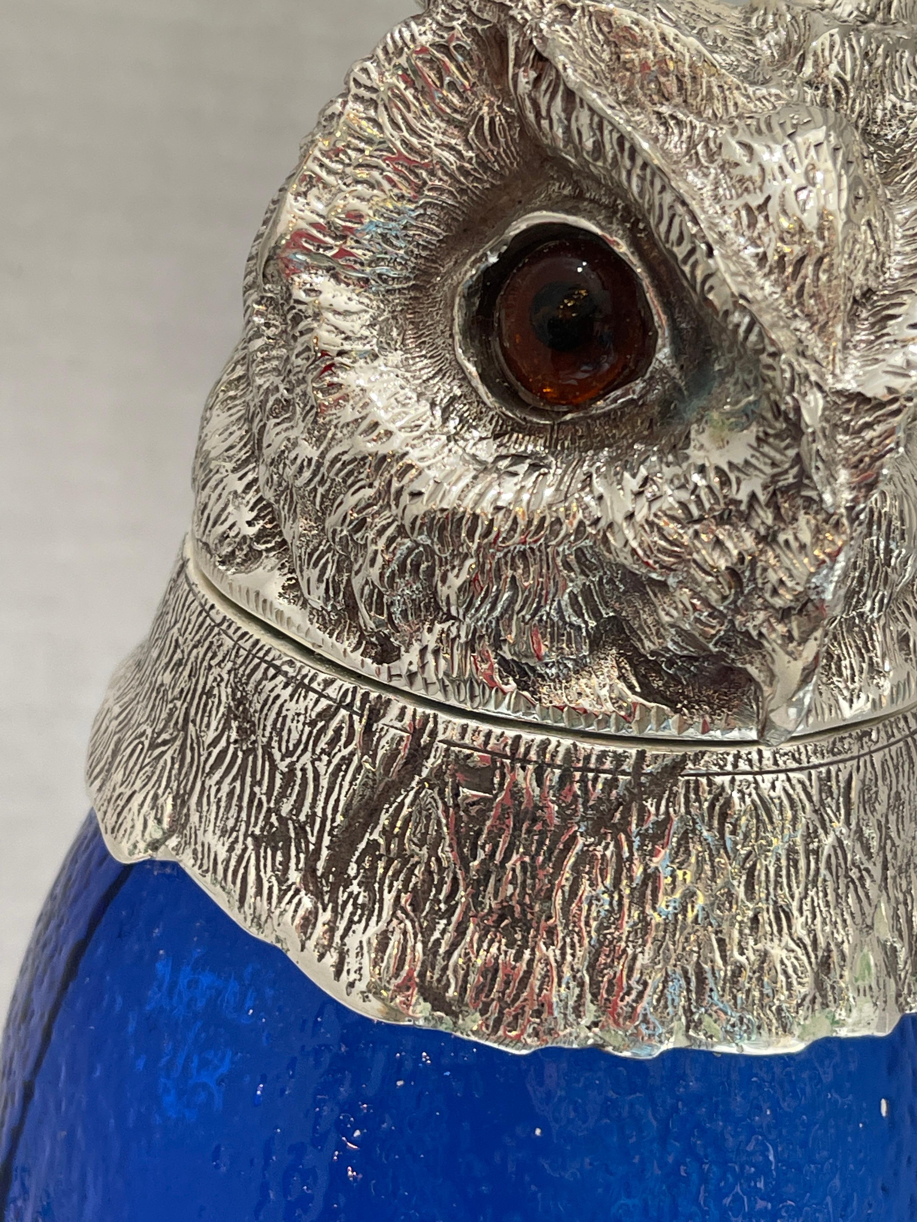 20th Century Novelty Silver Plate and Cobalt Blue Glass Owl Claret Jug Decanter 20Th C. For Sale