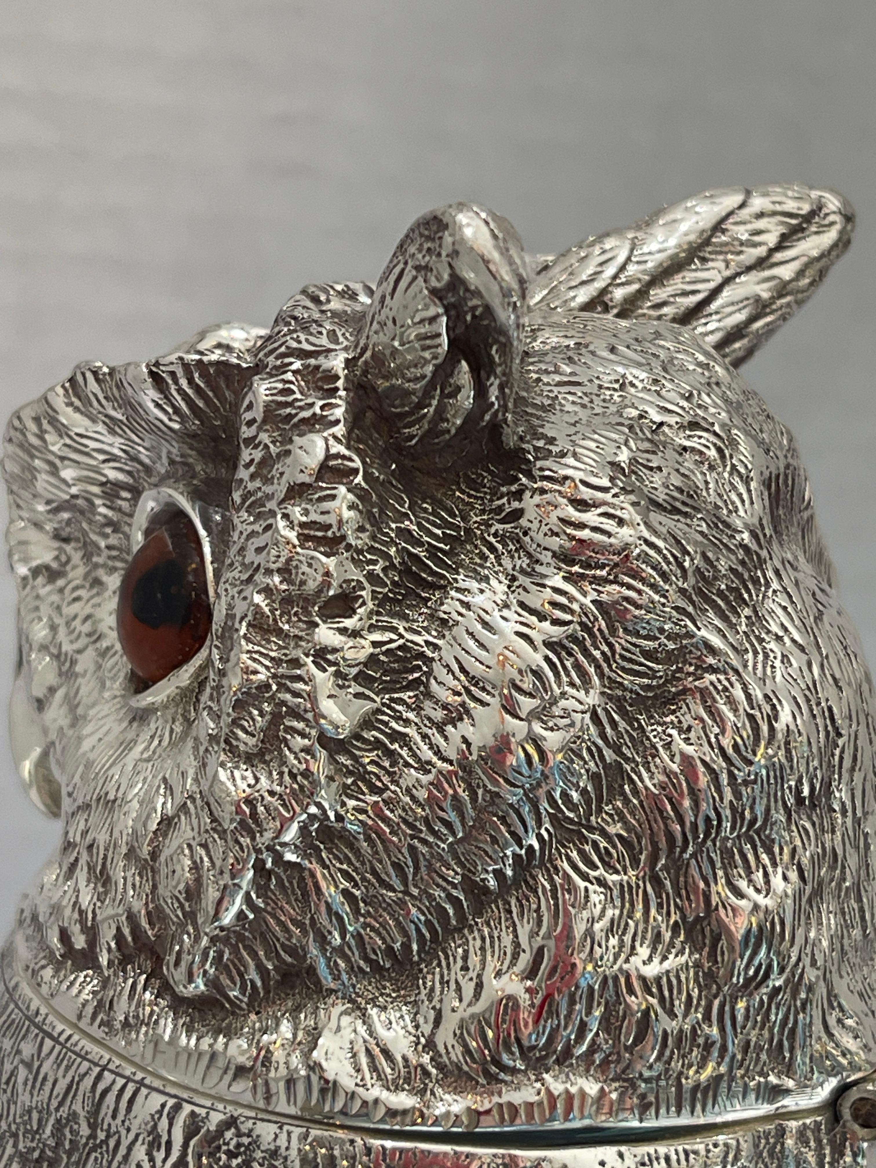 Novelty Silver Plate and Cobalt Blue Glass Owl Claret Jug Decanter 20Th C. 1