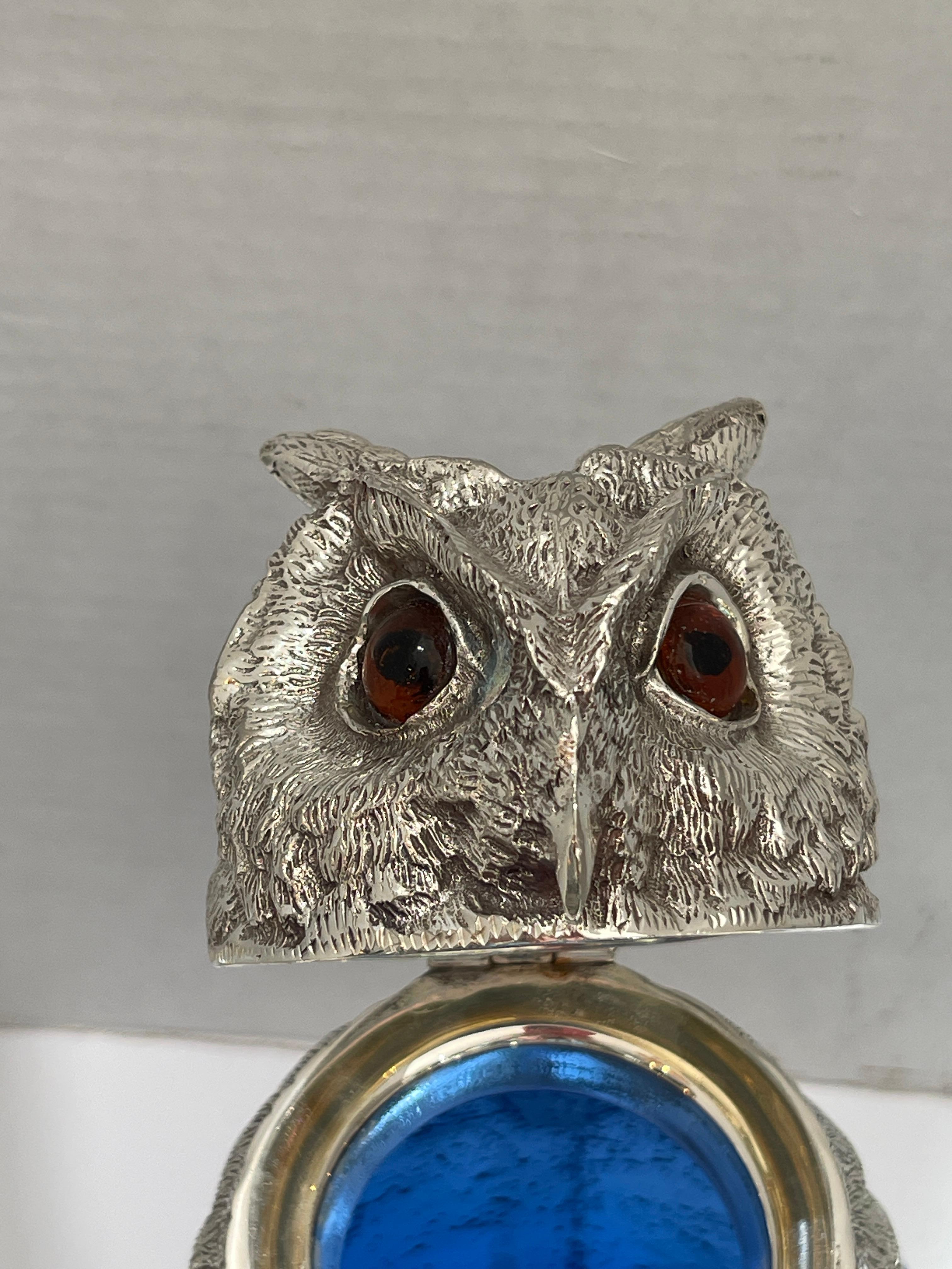 Novelty Silver Plate and Cobalt Blue Glass Owl Claret Jug Decanter 20Th C. For Sale 2