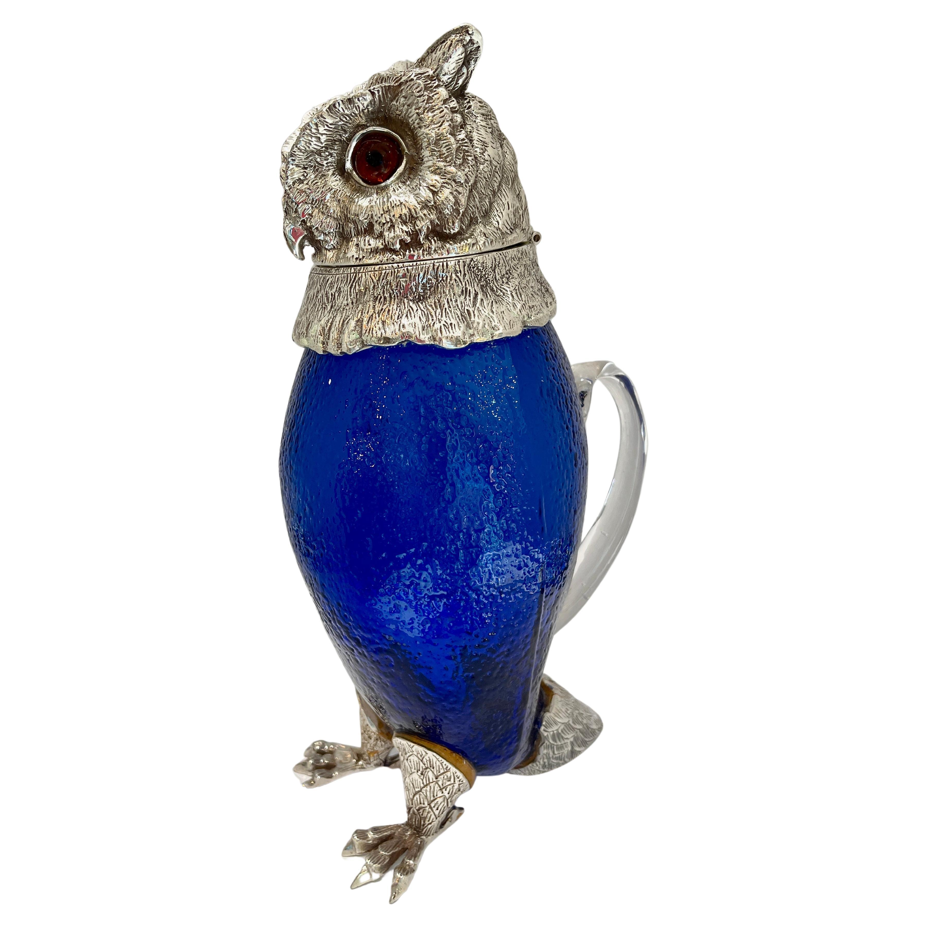 Novelty Silver Plate and Cobalt Blue Glass Owl Claret Jug Decanter 20Th C. For Sale