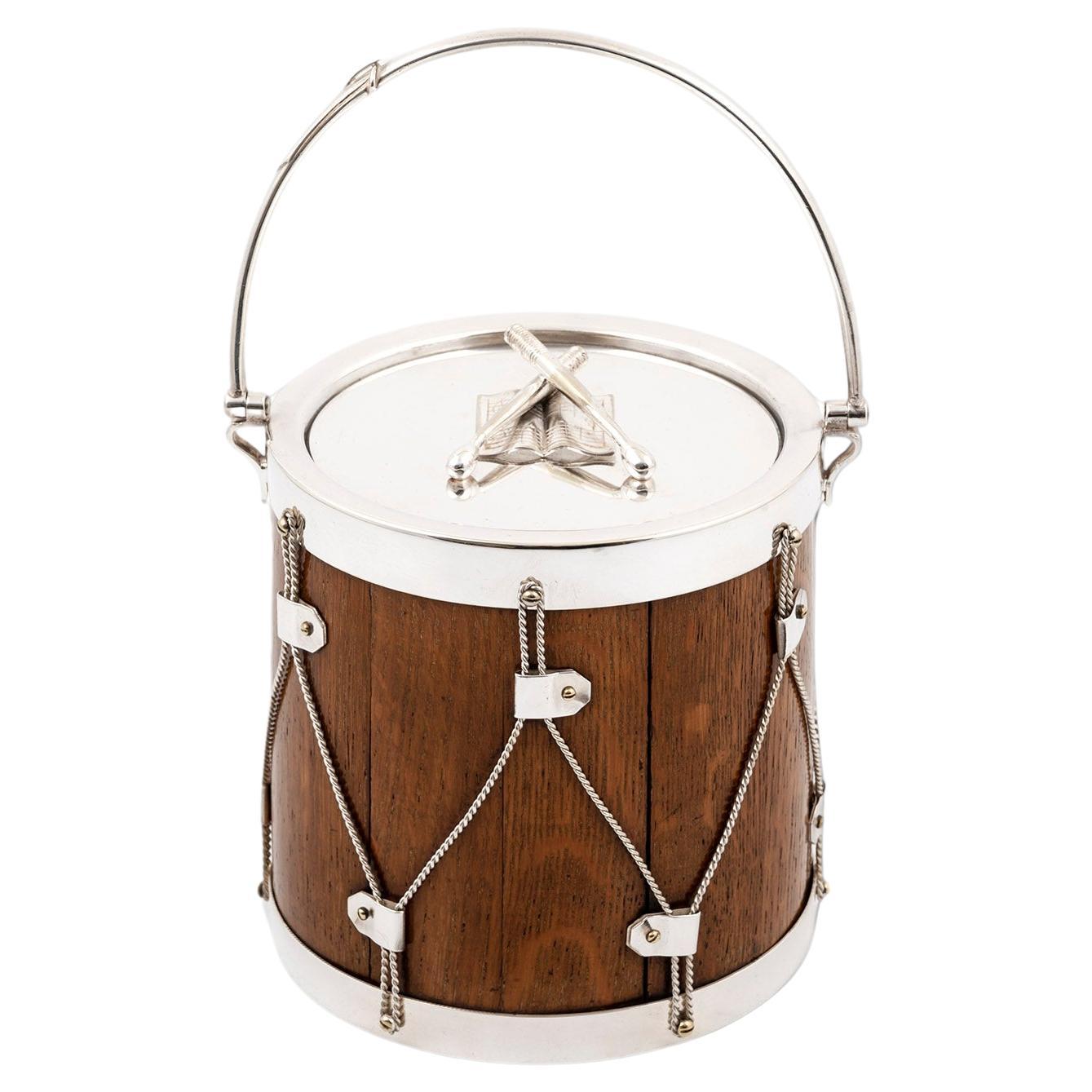 Novelty Silver Plate Military Drum Biscuit Barrel For Sale