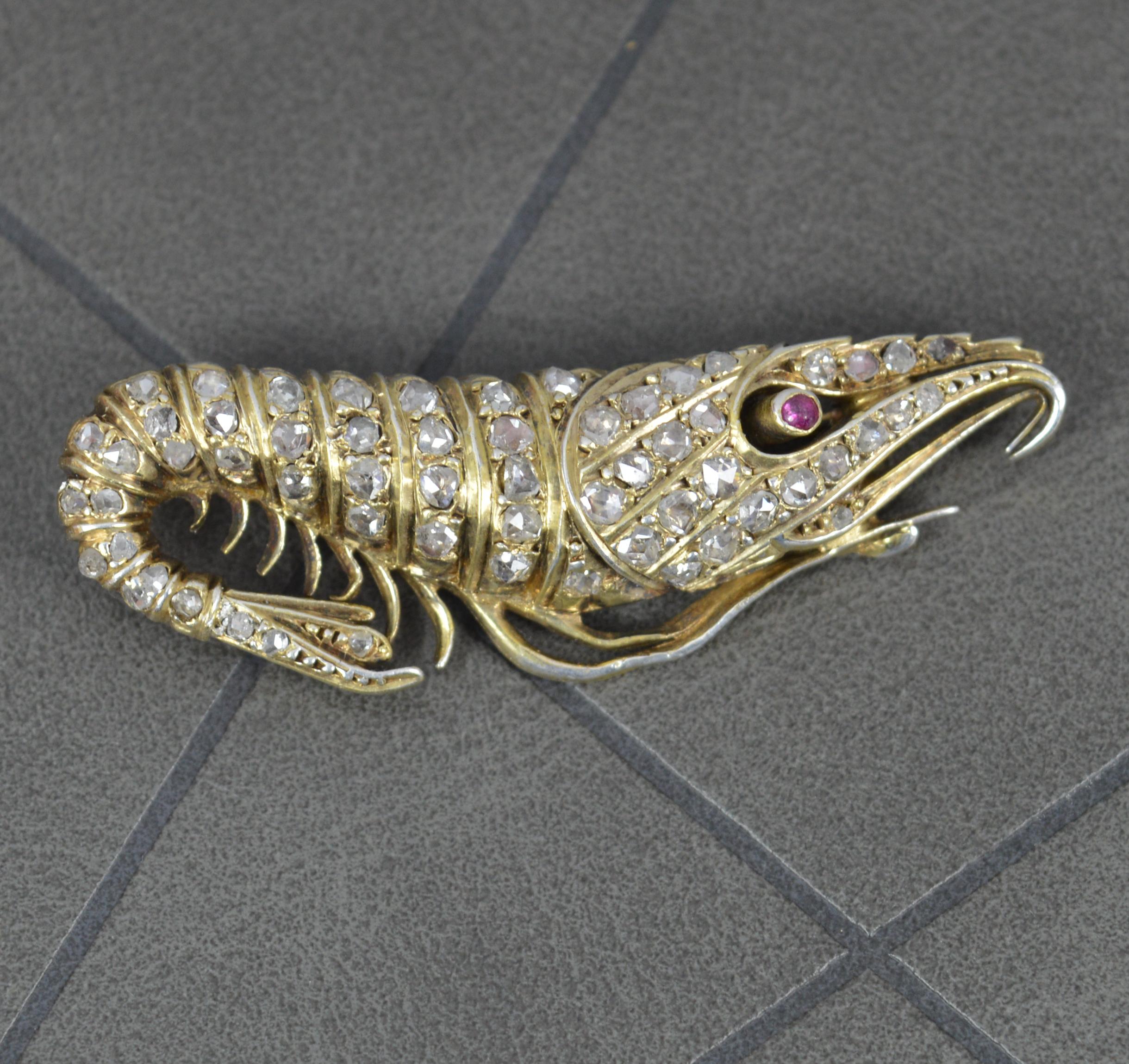 Novelty Victorian 15 Carat Gold Rose Cut Diamond and Ruby Shrimp Brooch In Good Condition In St Helens, GB