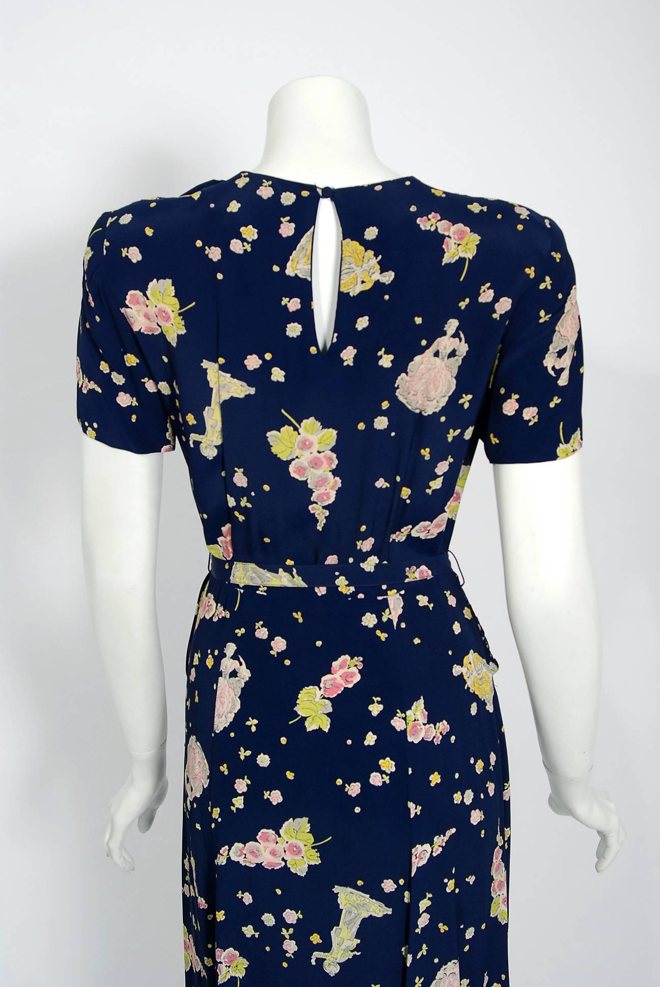 1940's Novelty Victorian Dolls Print Navy Rayon Cut-Out Bows Belted Peplum Dress 4