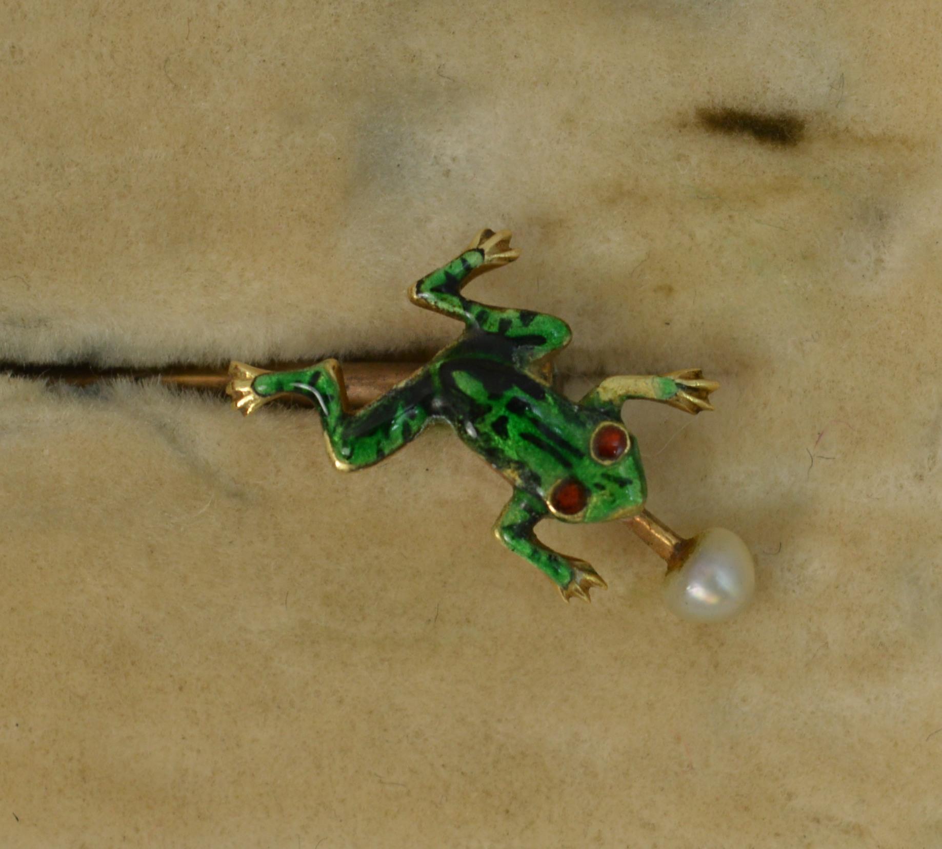 Novelty Victorian Frog Enamel 9 Carat Gold Stick Pin in Antique Box Dated 1915 In Good Condition In St Helens, GB