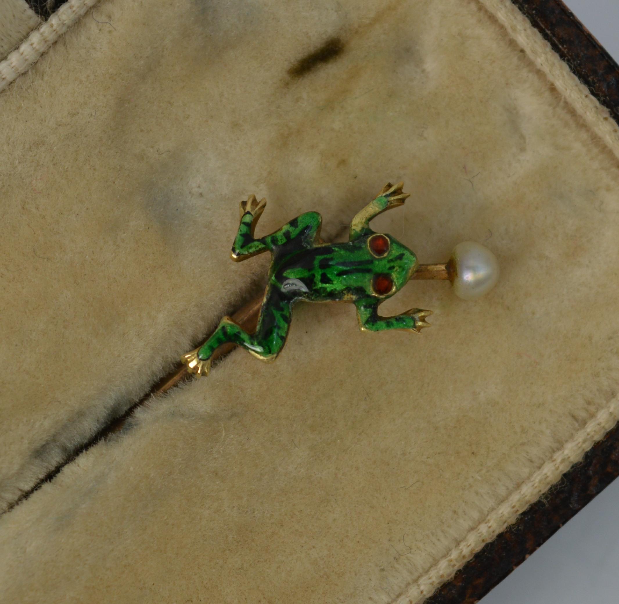 Women's or Men's Novelty Victorian Frog Enamel 9 Carat Gold Stick Pin in Antique Box Dated 1915