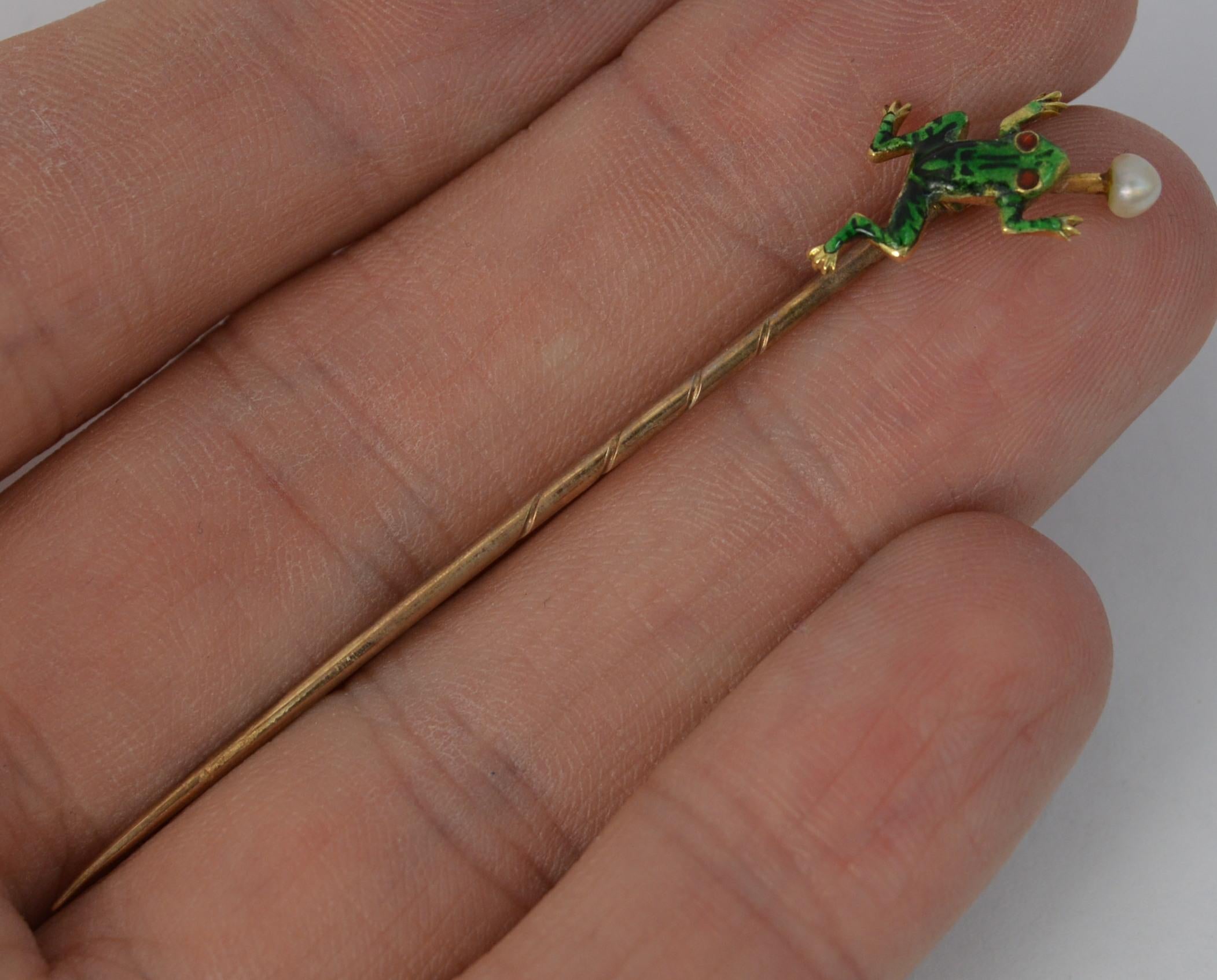 Novelty Victorian Frog Enamel 9 Carat Gold Stick Pin in Antique Box Dated 1915 1