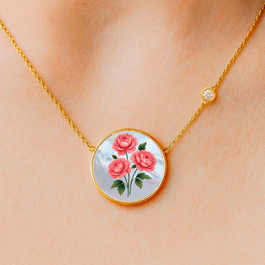 Ciondolo con fiore del mese di nascita di novembre/ Ciondolo con fiore di peonia dipinto su madreperla / Ciondolo rotondo in madreperla, moissanite, con disegno di un fiore. Gioielli Zodiac.
Collana da donna, Argento 925, madreperla