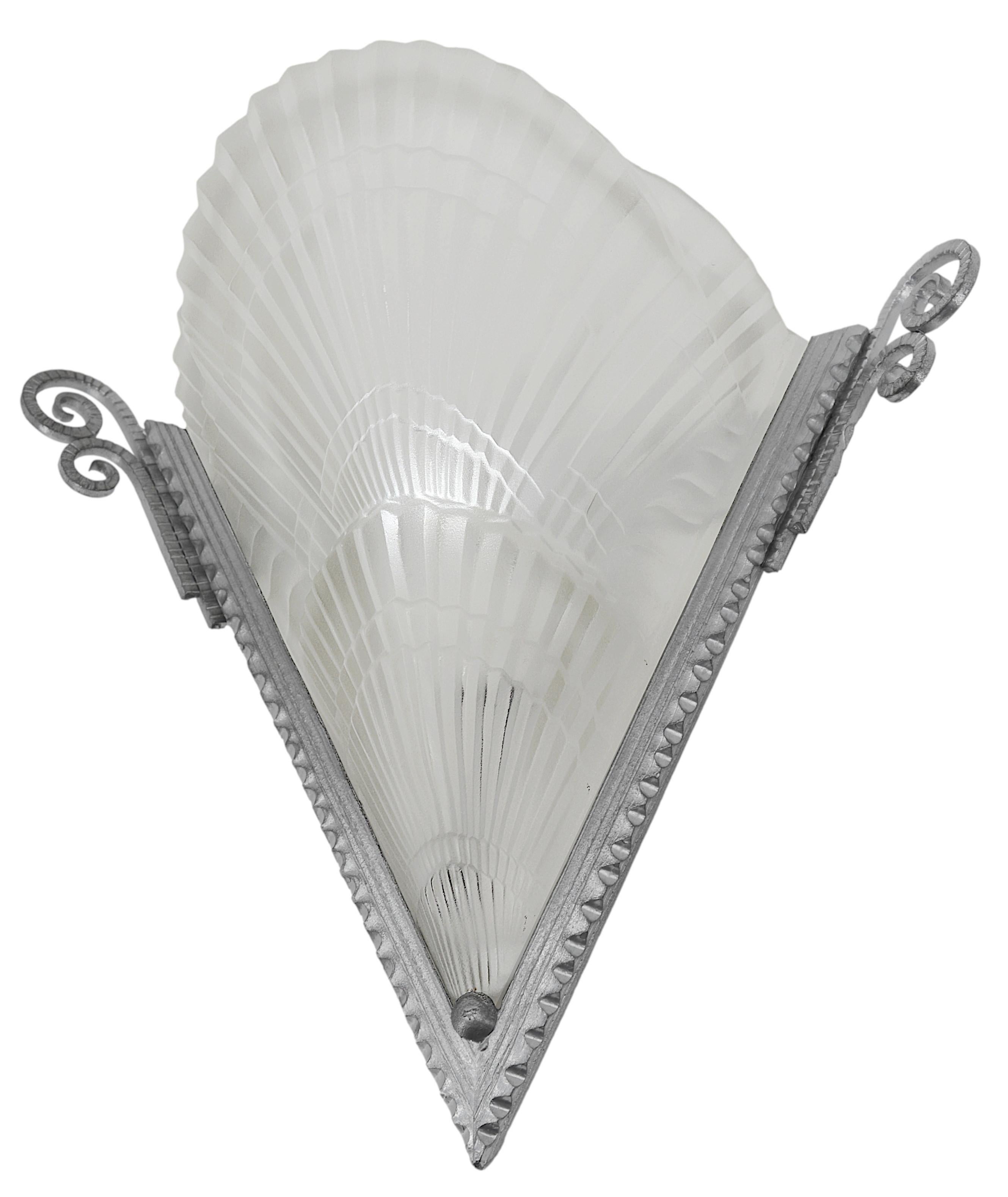 Glass Noverdy Large French Art Deco Pair of Wall Sconces, Ca. 1925