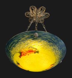 Noverdy Rare Wide Art Deco Swans Pendant Chandelier, France, 1920