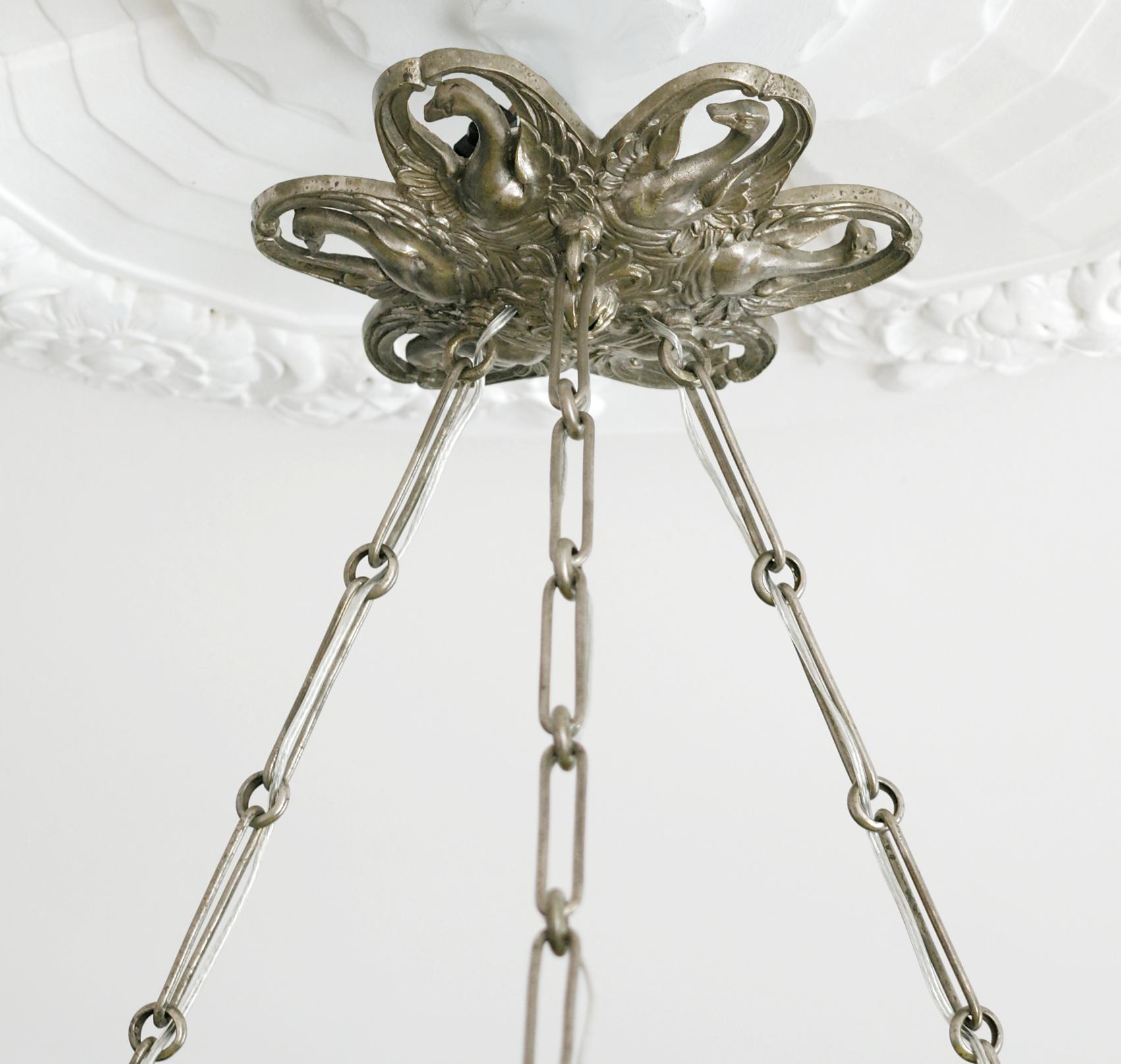 Noverdy Wide French Art Deco Swans Pendant Chandelier, Late 1920s For Sale 8